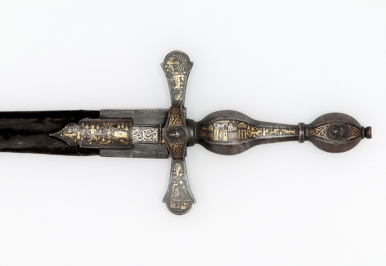 Beautiful dagger with scabbard, decorated with hunting scenes and Diana's mask - Historical photo, 16th century, Dagger, France, Renaissance, Steel arms, Weapon