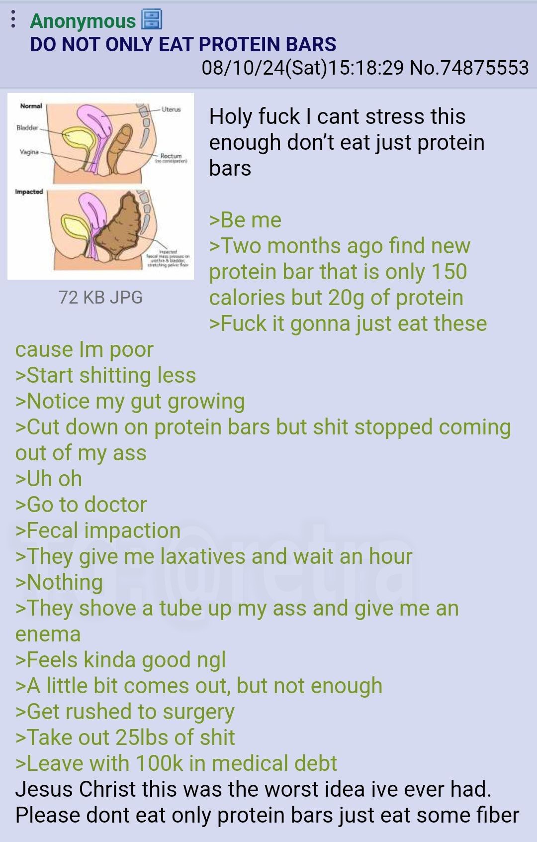 Don't live on protein bars alone - 4chan, Reddit, Feces, The medicine, Health, Life stories, Food, Translation, Screenshot