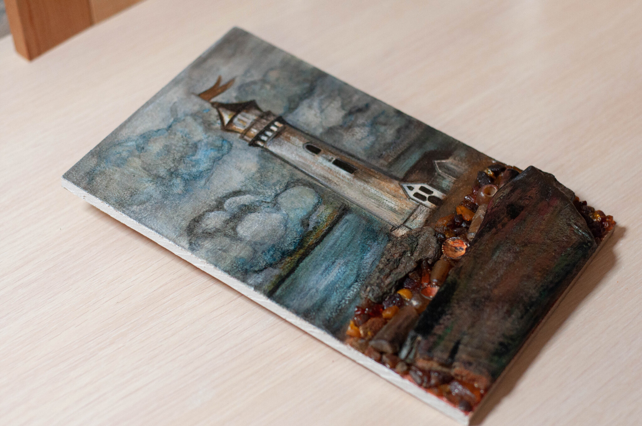 Picture-panel driftwood, lighthouse Black Pearl - My, Decor, Handmade, Needlework without process, Needlework, Panel, Lighthouse, Painting, Acrylic, Author's painting, Driftwood, Canvas, Amber, Painting, Longpost