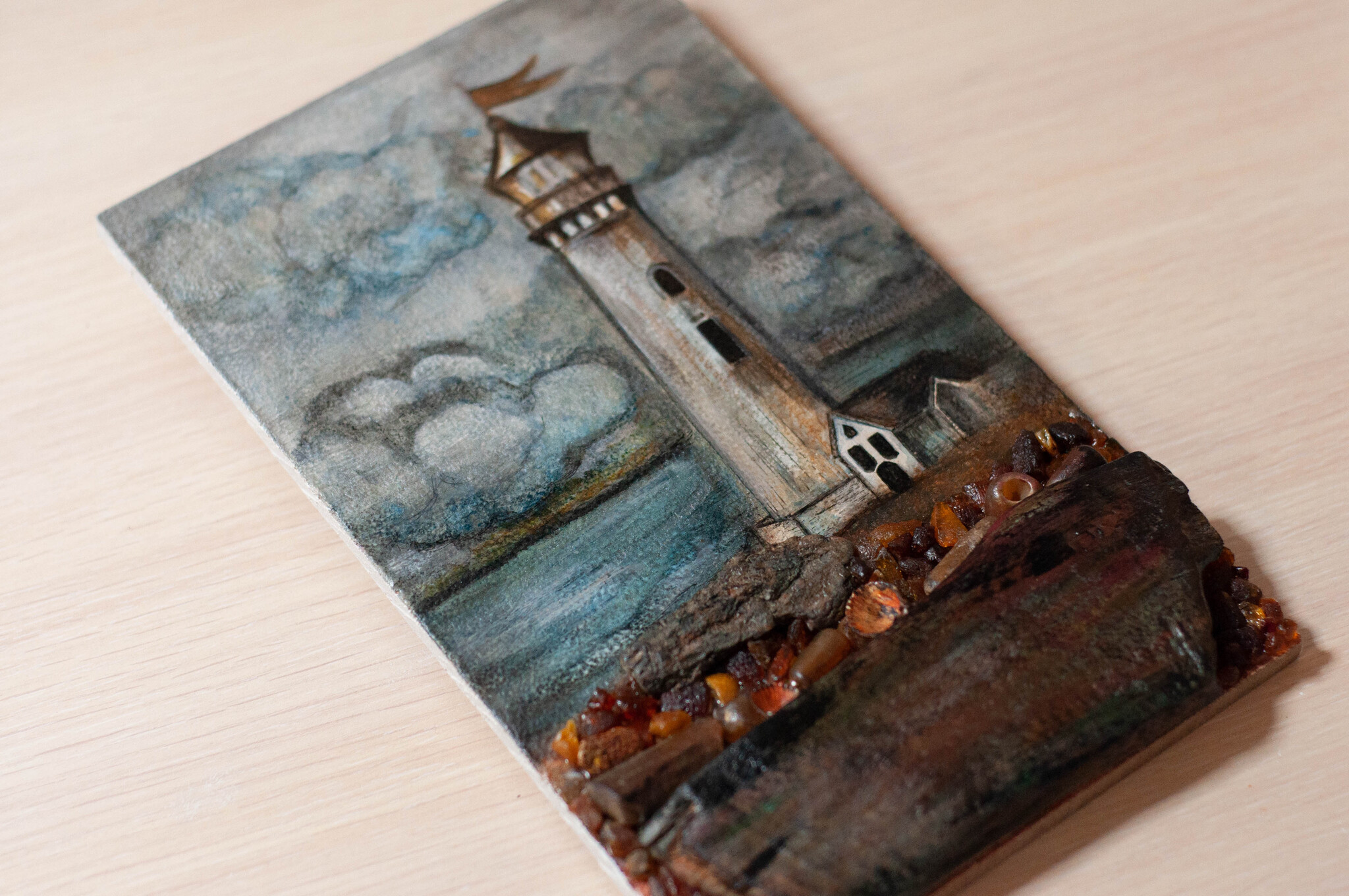 Picture-panel driftwood, lighthouse Black Pearl - My, Decor, Handmade, Needlework without process, Needlework, Panel, Lighthouse, Painting, Acrylic, Author's painting, Driftwood, Canvas, Amber, Painting, Longpost