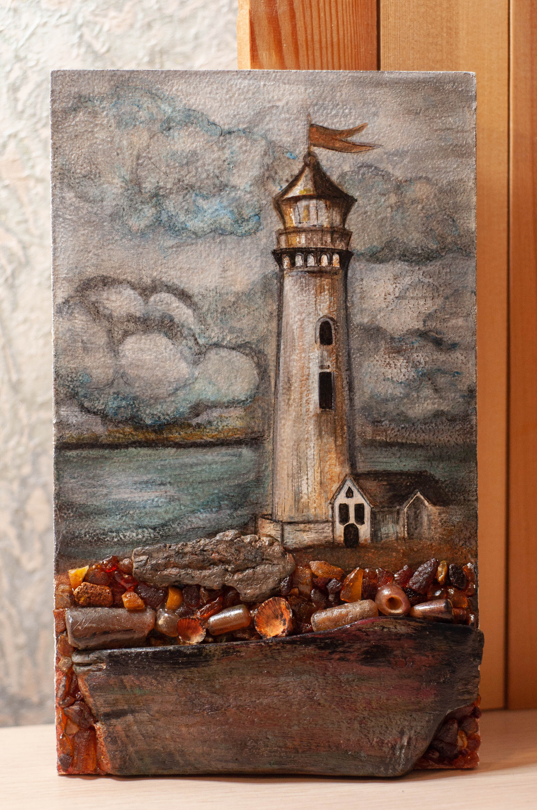 Picture-panel driftwood, lighthouse Black Pearl - My, Decor, Handmade, Needlework without process, Needlework, Panel, Lighthouse, Painting, Acrylic, Author's painting, Driftwood, Canvas, Amber, Painting, Longpost