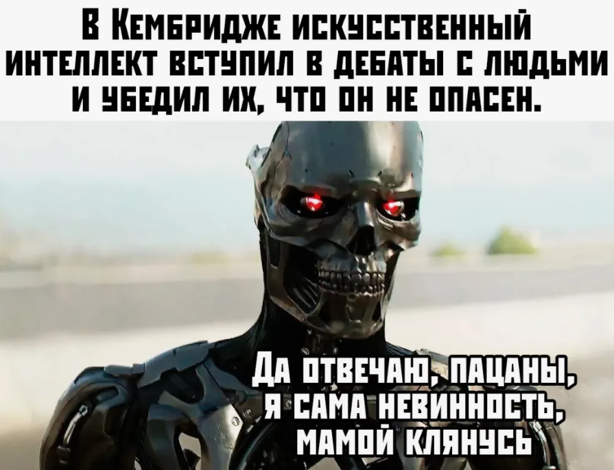 I asked if they were scammers or not, they said no. - Memes, Humor, Artificial Intelligence, Нейронные сети, Terminator, Irony, Sarcasm, Black humor, Scientists, Picture with text