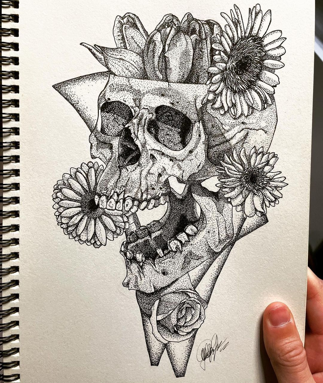 Skull with flowers. Dotwork - My, Scull, Drawing, Flowers, Art, Tattoo sketch, Bones