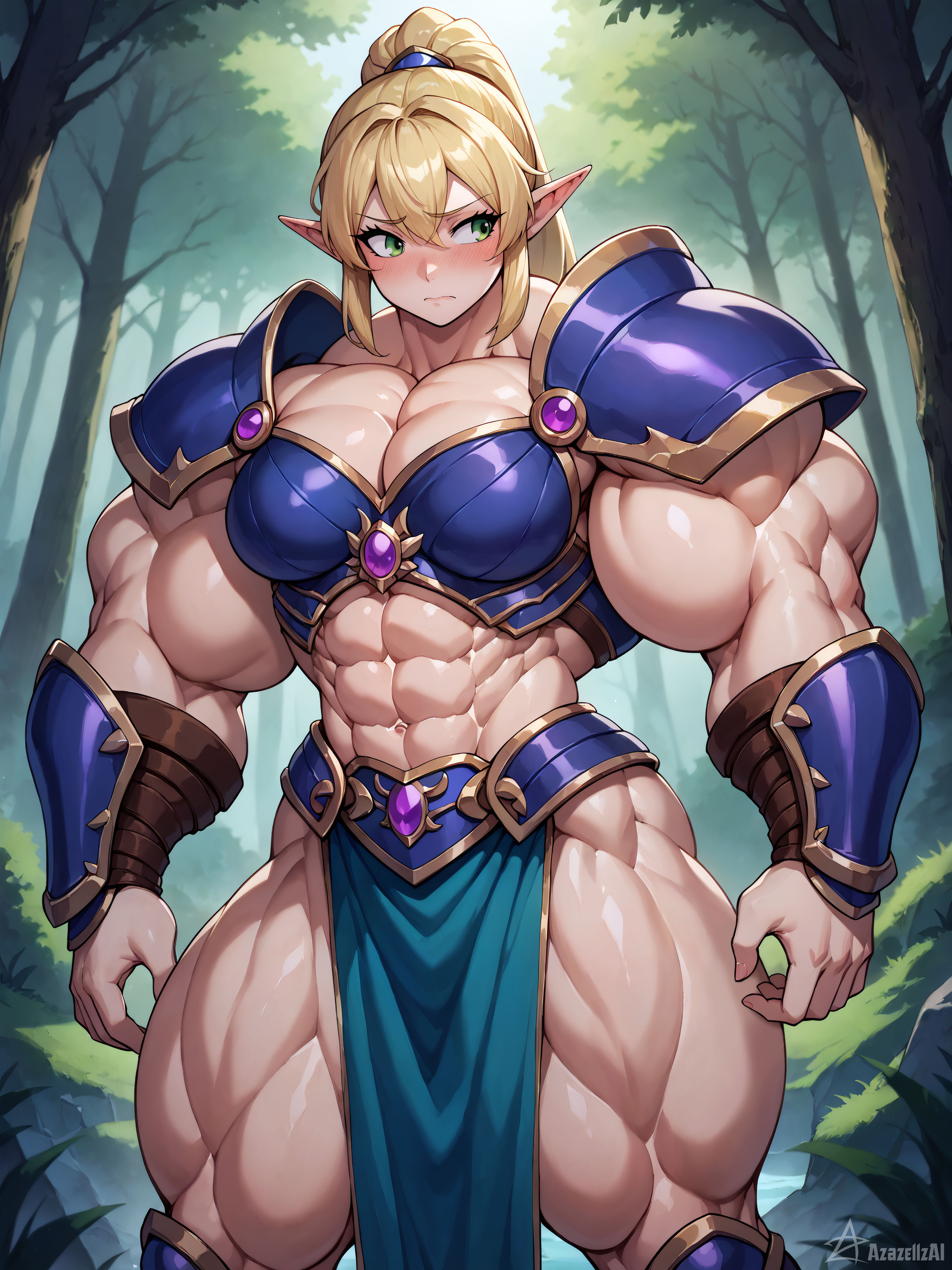 The Elven Warrior Doesn't Like Her Armor's New Design - Azazellzai, Muscleart, Strong girl, Sleep-Sleep, Extreme muscles, Neural network art, Neurobics, Elves, Bodybuilders, Press, Muscle