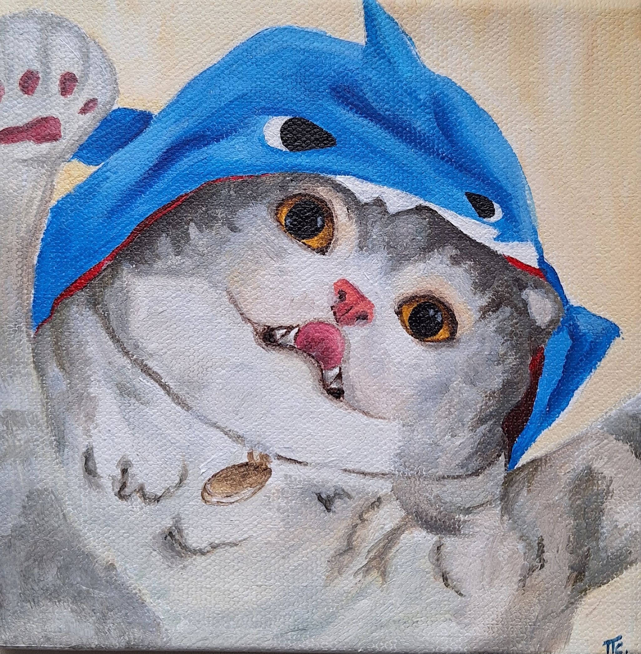 Baby Shark Tututu - My, Creation, Acrylic, cat, Drawing, Needlework without process, Canvas, Shark, Animalistics, Decor