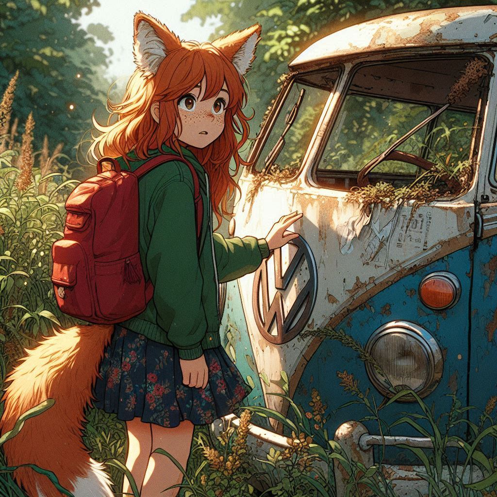 По заросшей тропе - Моё, Арты нейросетей, Арт, Anime Art, Девушки, Нейронные сети, Аниме, Original Character, Кицунэ, Animal Ears, Хвост, Рыжие, Веснушки, Поход, Находка, Лето, Лес, Ginger & White, Длиннопост