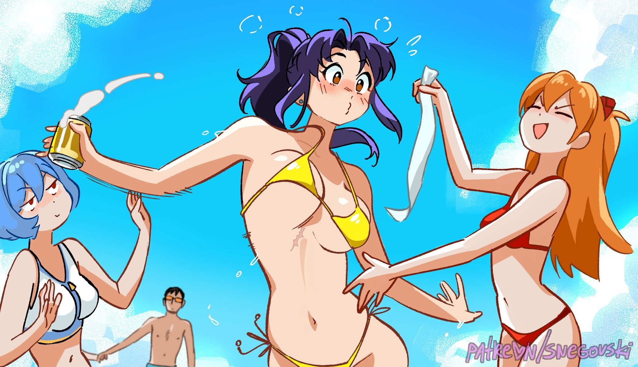 The major is on vacation! - Anime, Anime art, Misato katsuragi, Rei ayanami, Asuka langley, Shinji Ikari, Ikari Gendo, Ritsuko Akagi, Evangelion, Swimsuit, Snegovski, Longpost