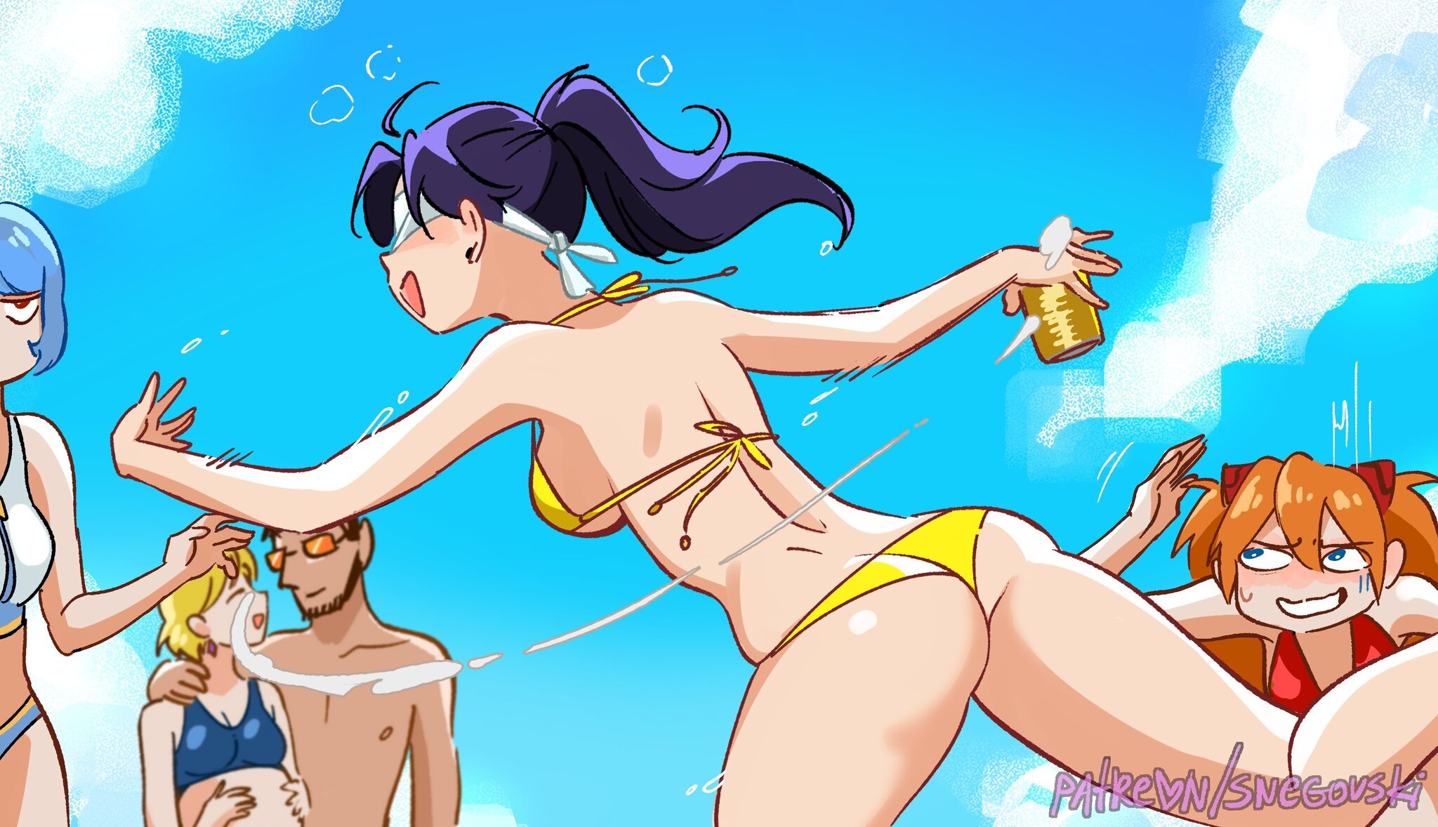 The major is on vacation! - Anime, Anime art, Misato katsuragi, Rei ayanami, Asuka langley, Shinji Ikari, Ikari Gendo, Ritsuko Akagi, Evangelion, Swimsuit, Snegovski, Longpost