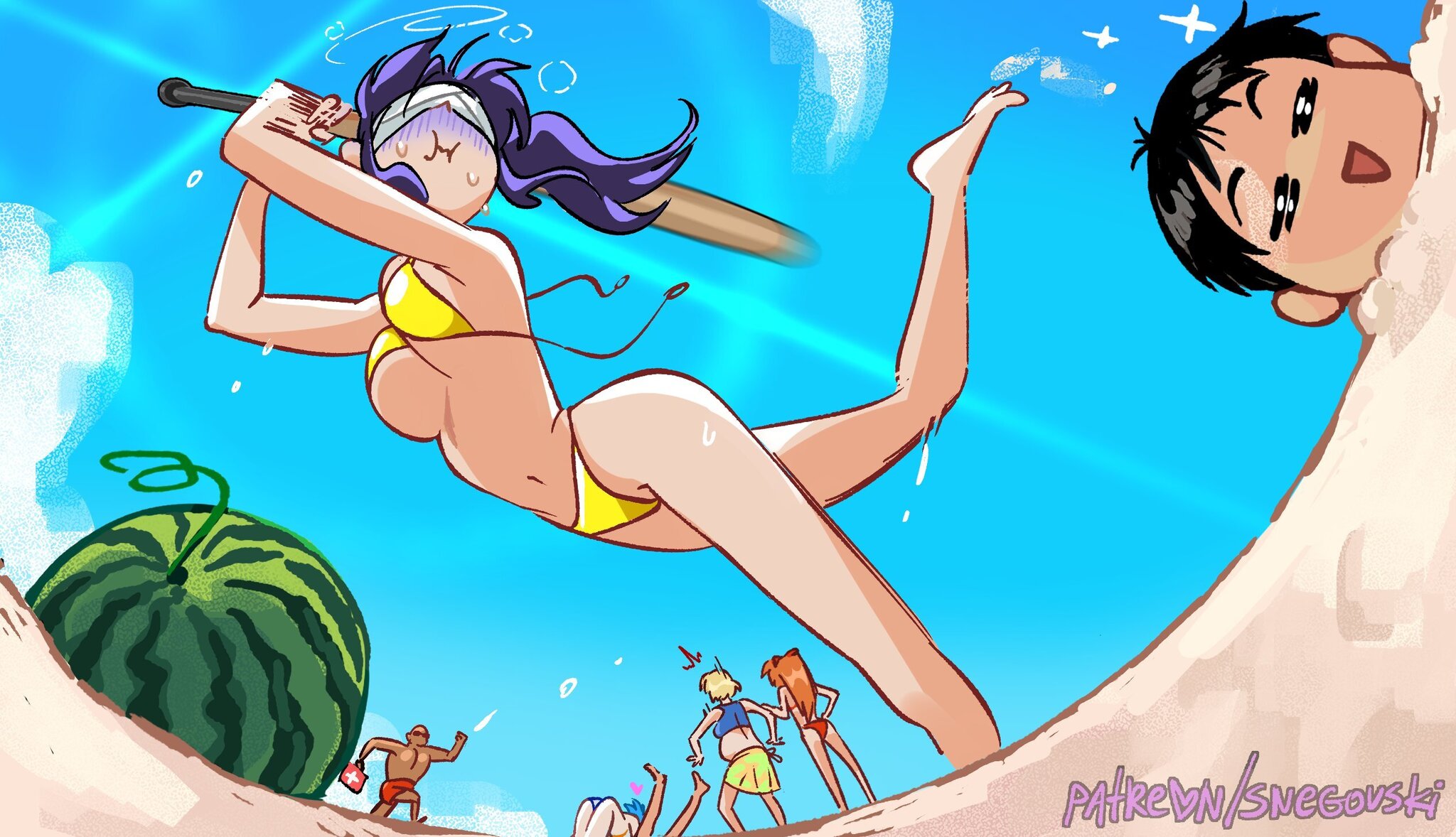 The major is on vacation! - Anime, Anime art, Misato katsuragi, Rei ayanami, Asuka langley, Shinji Ikari, Ikari Gendo, Ritsuko Akagi, Evangelion, Swimsuit, Snegovski, Longpost