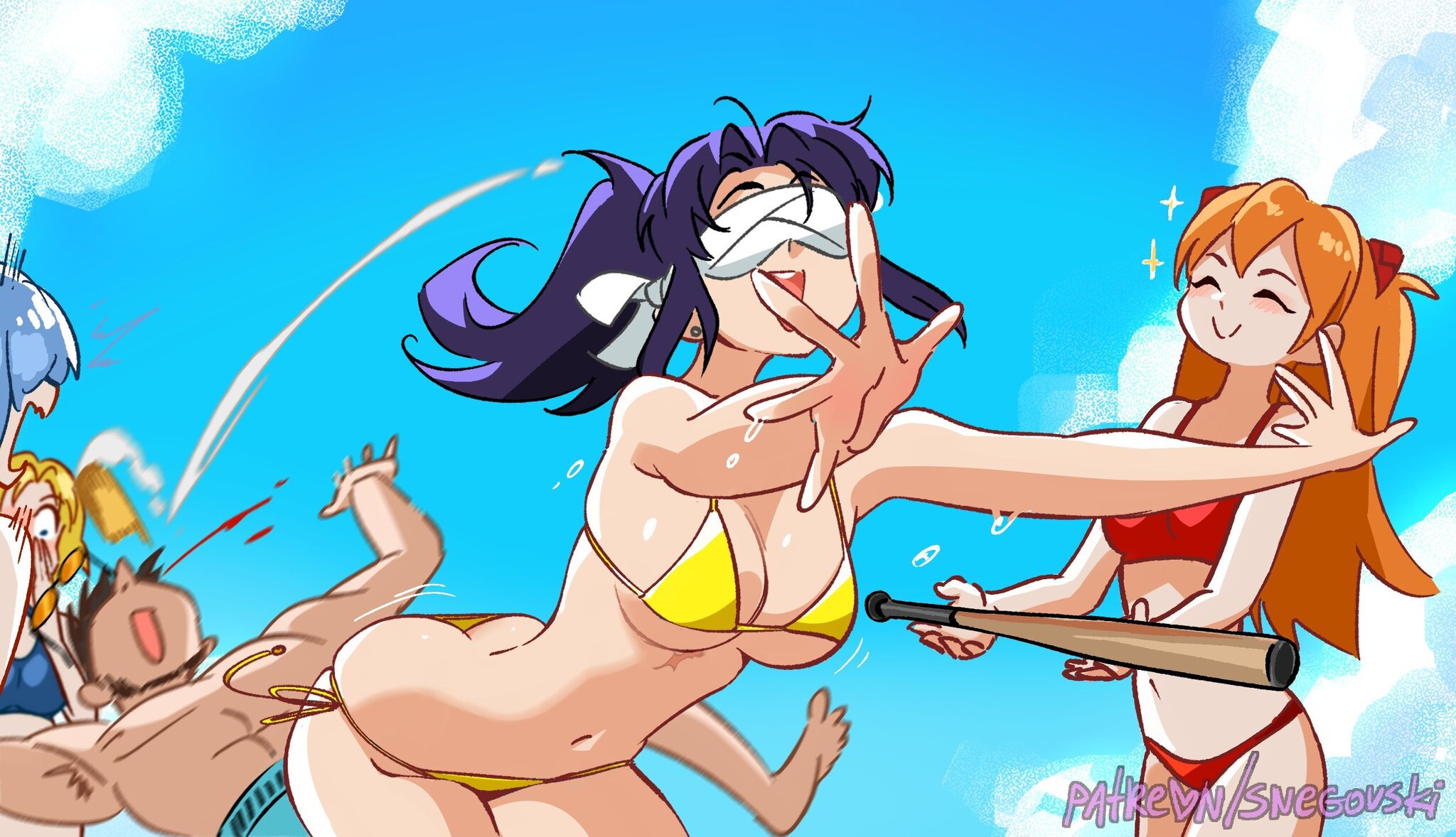 The major is on vacation! - Anime, Anime art, Misato katsuragi, Rei ayanami, Asuka langley, Shinji Ikari, Ikari Gendo, Ritsuko Akagi, Evangelion, Swimsuit, Snegovski, Longpost