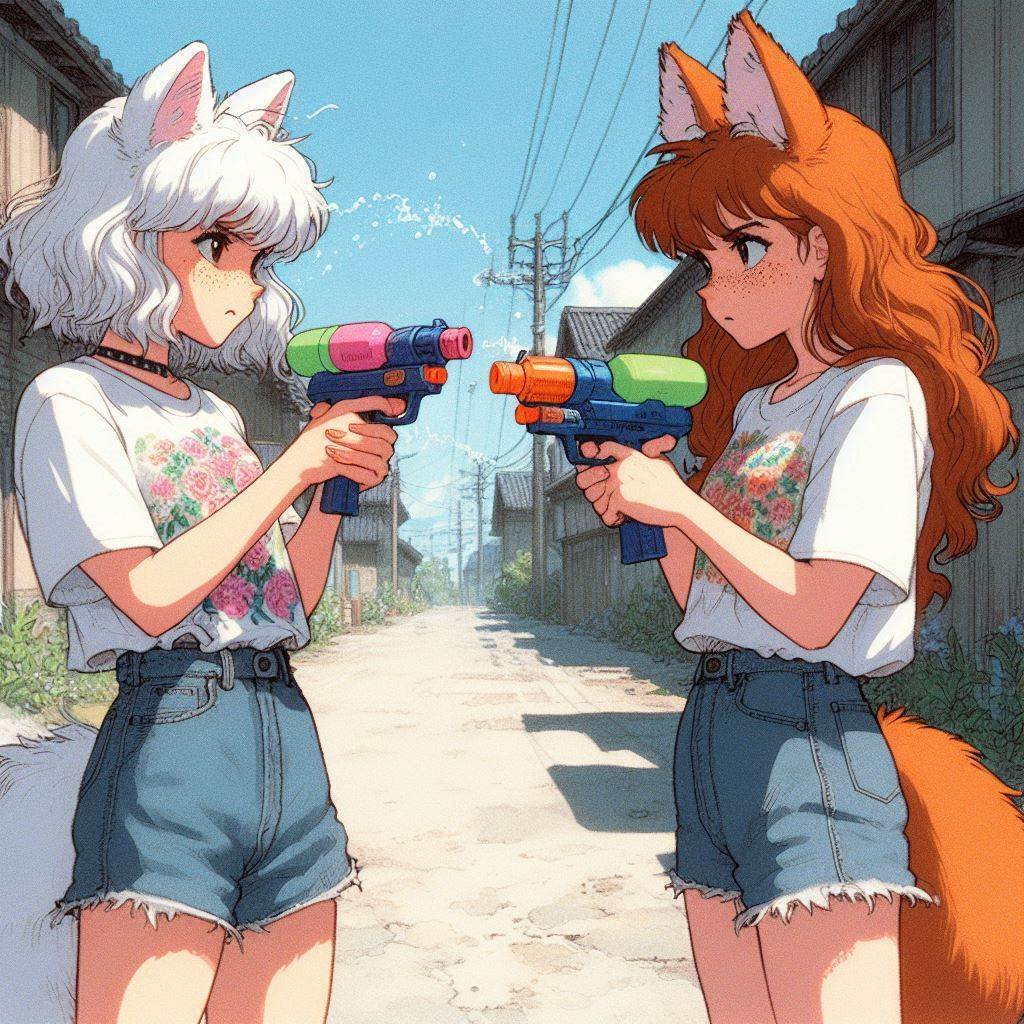 Duel - My, Art, Neural network art, Нейронные сети, Girls, Anime art, Anime, Original character, Kitsune, Animal ears, Tail, Water gun, Summer, Ginger & White, Longpost