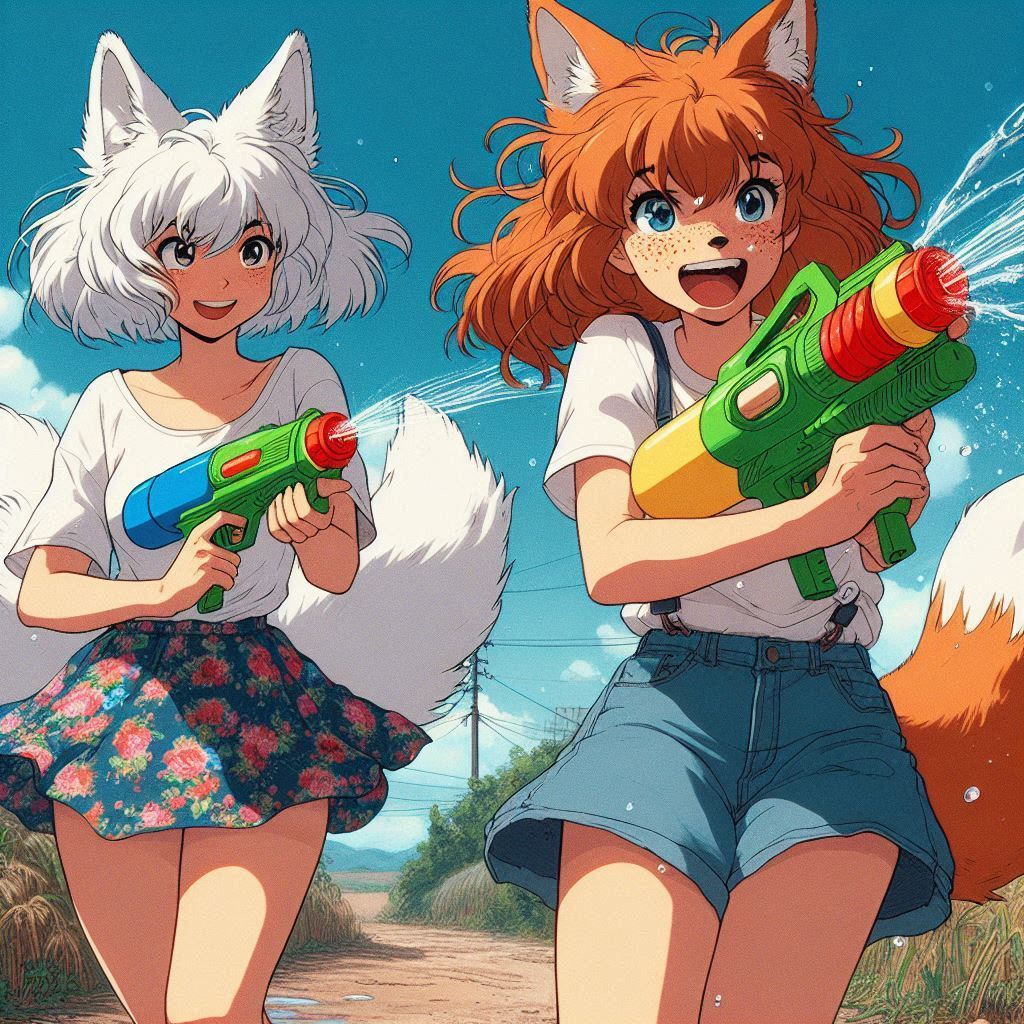 Duel - My, Art, Neural network art, Нейронные сети, Girls, Anime art, Anime, Original character, Kitsune, Animal ears, Tail, Water gun, Summer, Ginger & White, Longpost