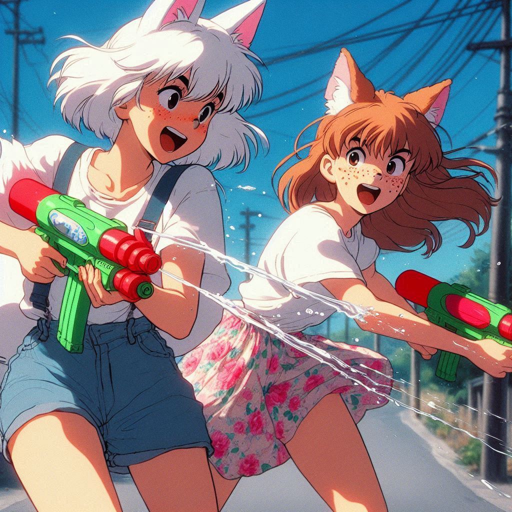 Duel - My, Art, Neural network art, Нейронные сети, Girls, Anime art, Anime, Original character, Kitsune, Animal ears, Tail, Water gun, Summer, Ginger & White, Longpost