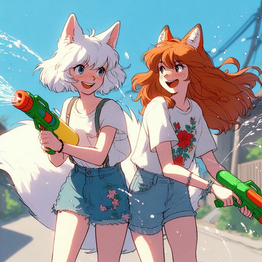 Duel - My, Art, Neural network art, Нейронные сети, Girls, Anime art, Anime, Original character, Kitsune, Animal ears, Tail, Water gun, Summer, Ginger & White, Longpost