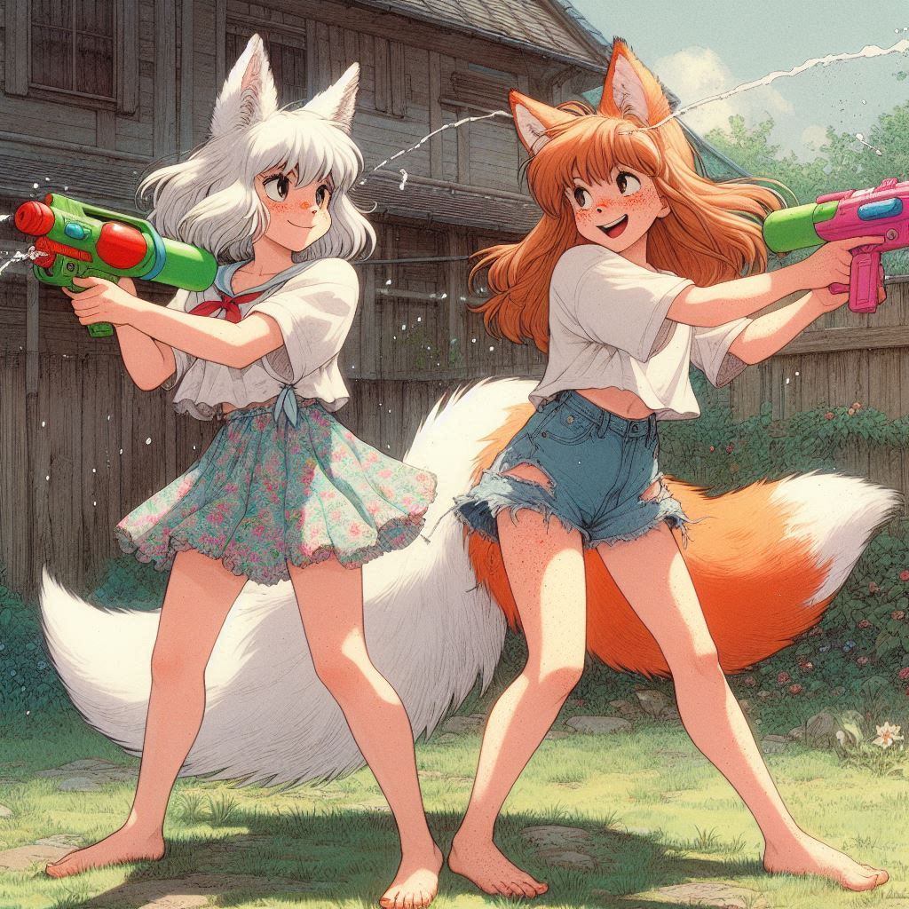 Duel - My, Art, Neural network art, Нейронные сети, Girls, Anime art, Anime, Original character, Kitsune, Animal ears, Tail, Water gun, Summer, Ginger & White, Longpost