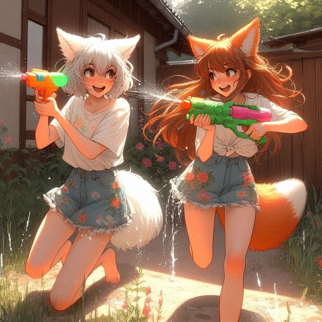 Duel - My, Art, Neural network art, Нейронные сети, Girls, Anime art, Anime, Original character, Kitsune, Animal ears, Tail, Water gun, Summer, Ginger & White, Longpost