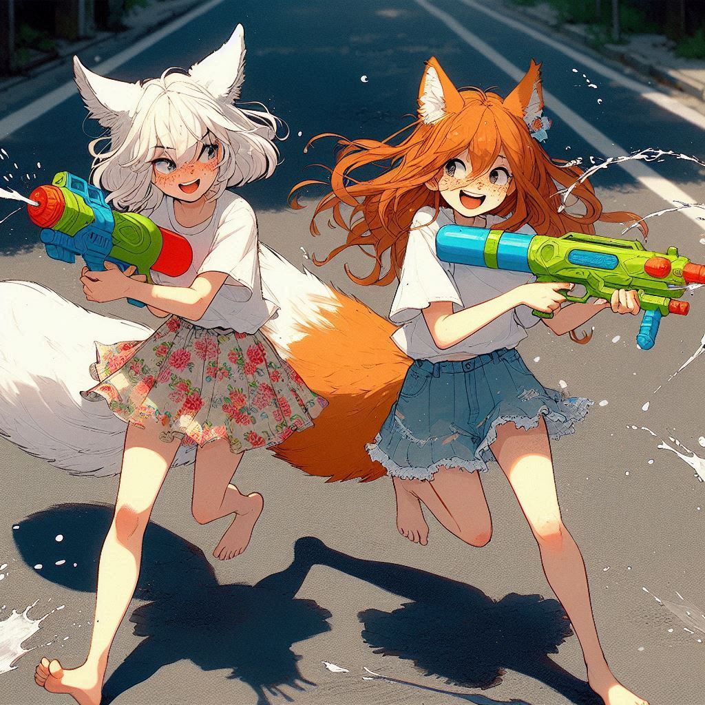 Duel - My, Art, Neural network art, Нейронные сети, Girls, Anime art, Anime, Original character, Kitsune, Animal ears, Tail, Water gun, Summer, Ginger & White, Longpost