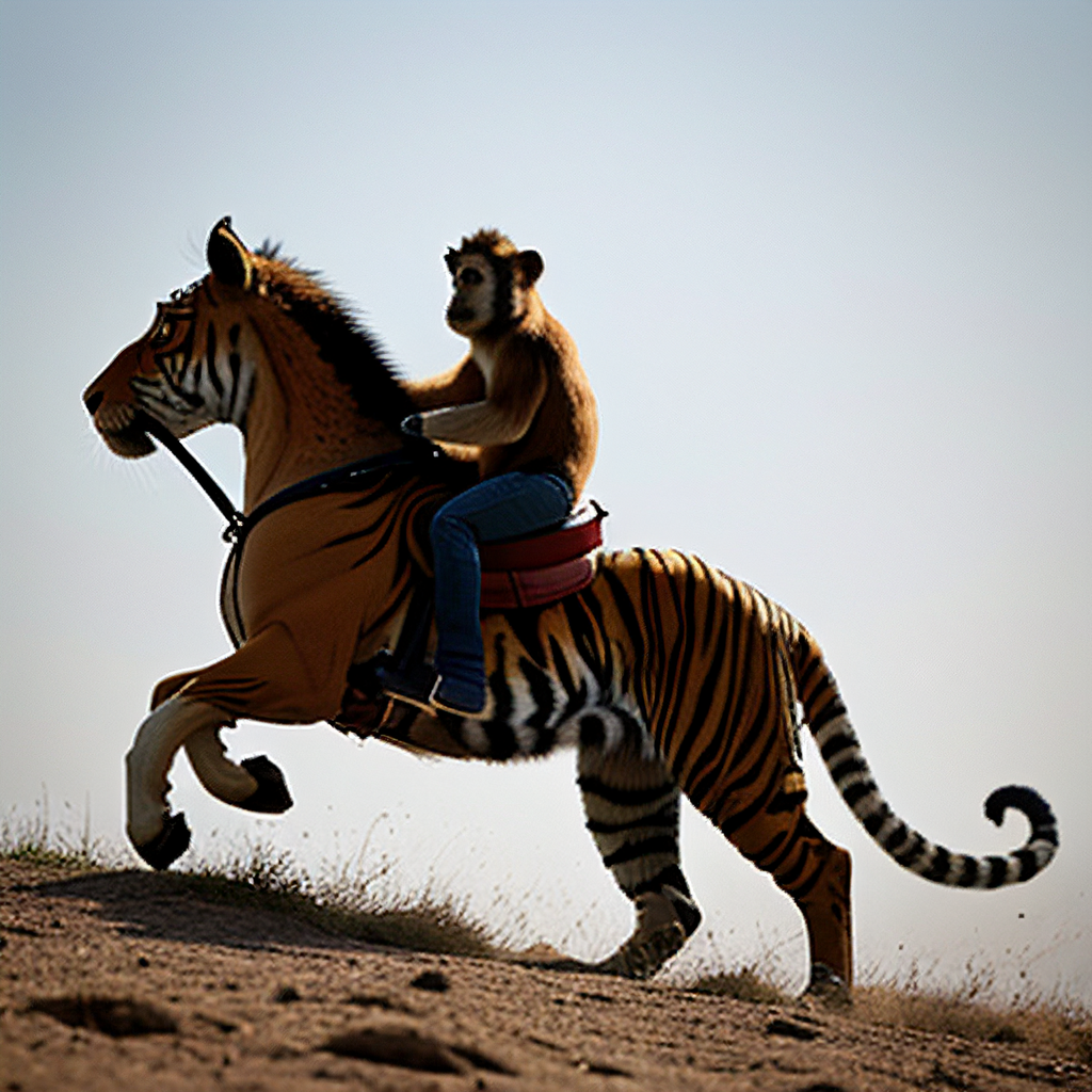 A dashing rider - My, Art, 3D, Neural network art, Animals, Tiger, Monkey, Humor, Satire, Artificial Intelligence, Joke, Riders, Jockey