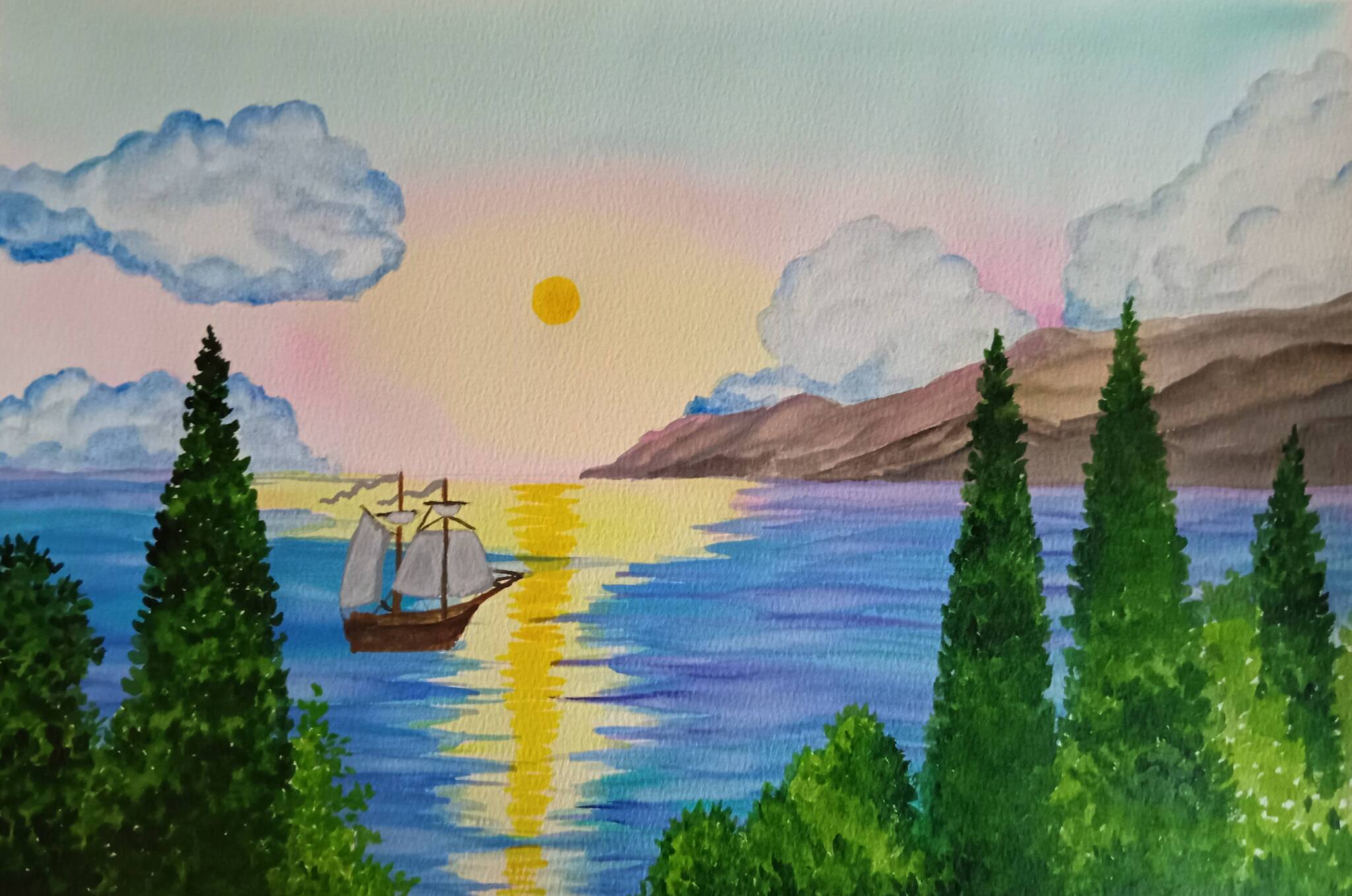 In the southern seas - My, Drawing, Watercolor, Nature, Landscape, Sea, Sailboat