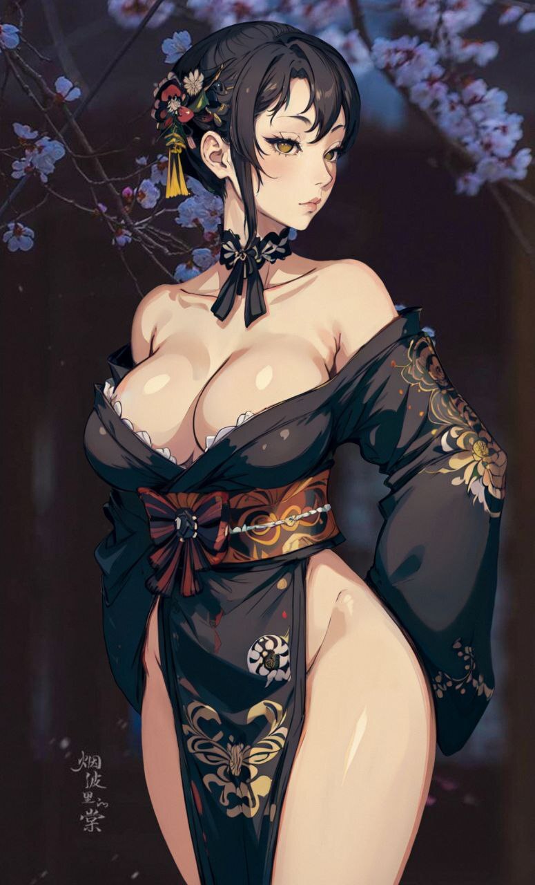 Tian - My, Anime, Anime art, Neural network art, Girls, Kimono, Neckline, Hips, Waist