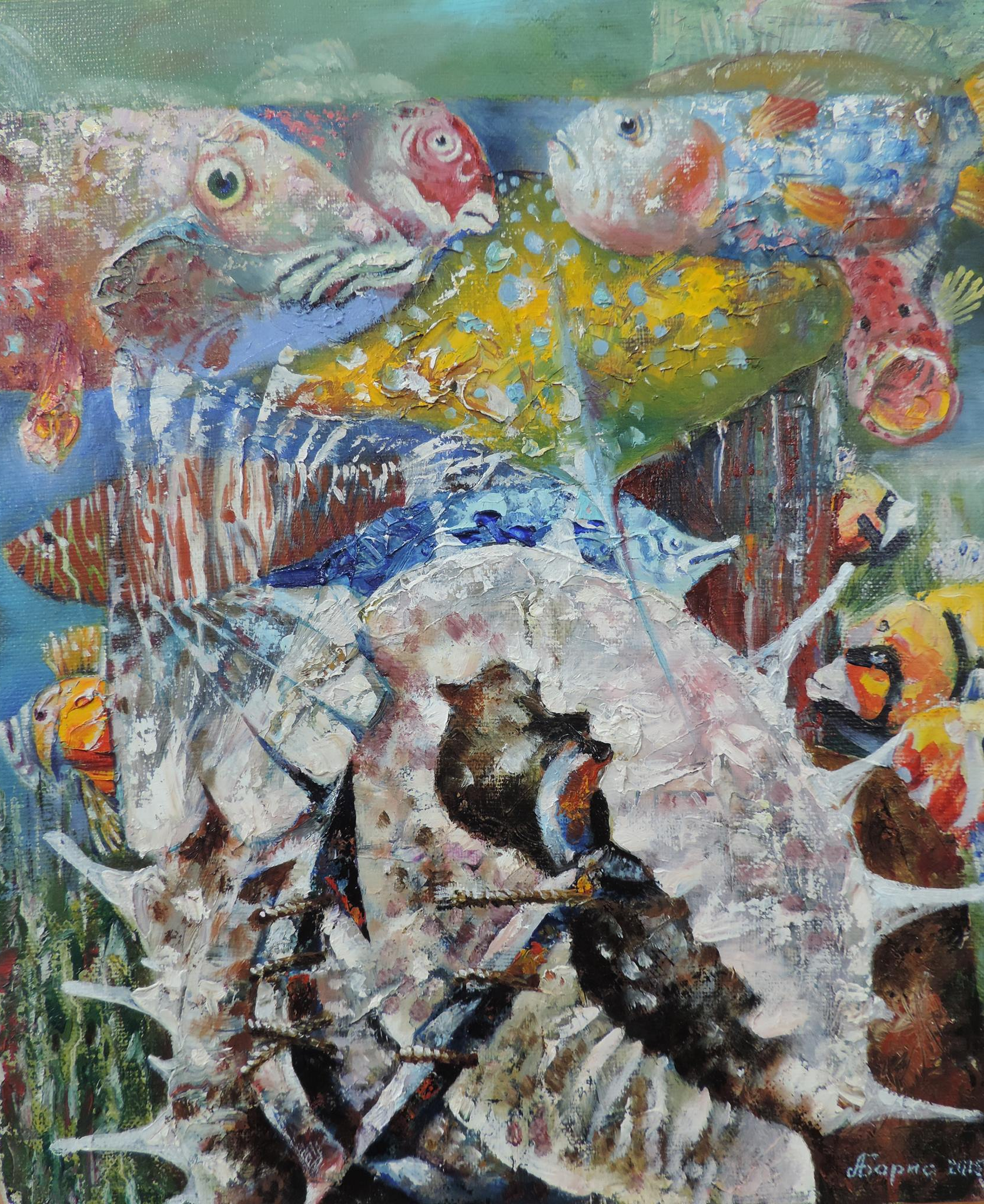 Marine - My, Painting, Modern Art, Art, Oil painting, Canvas, Sea, Author's painting, Painting, A fish, Seashells, Underwater world, Anchor