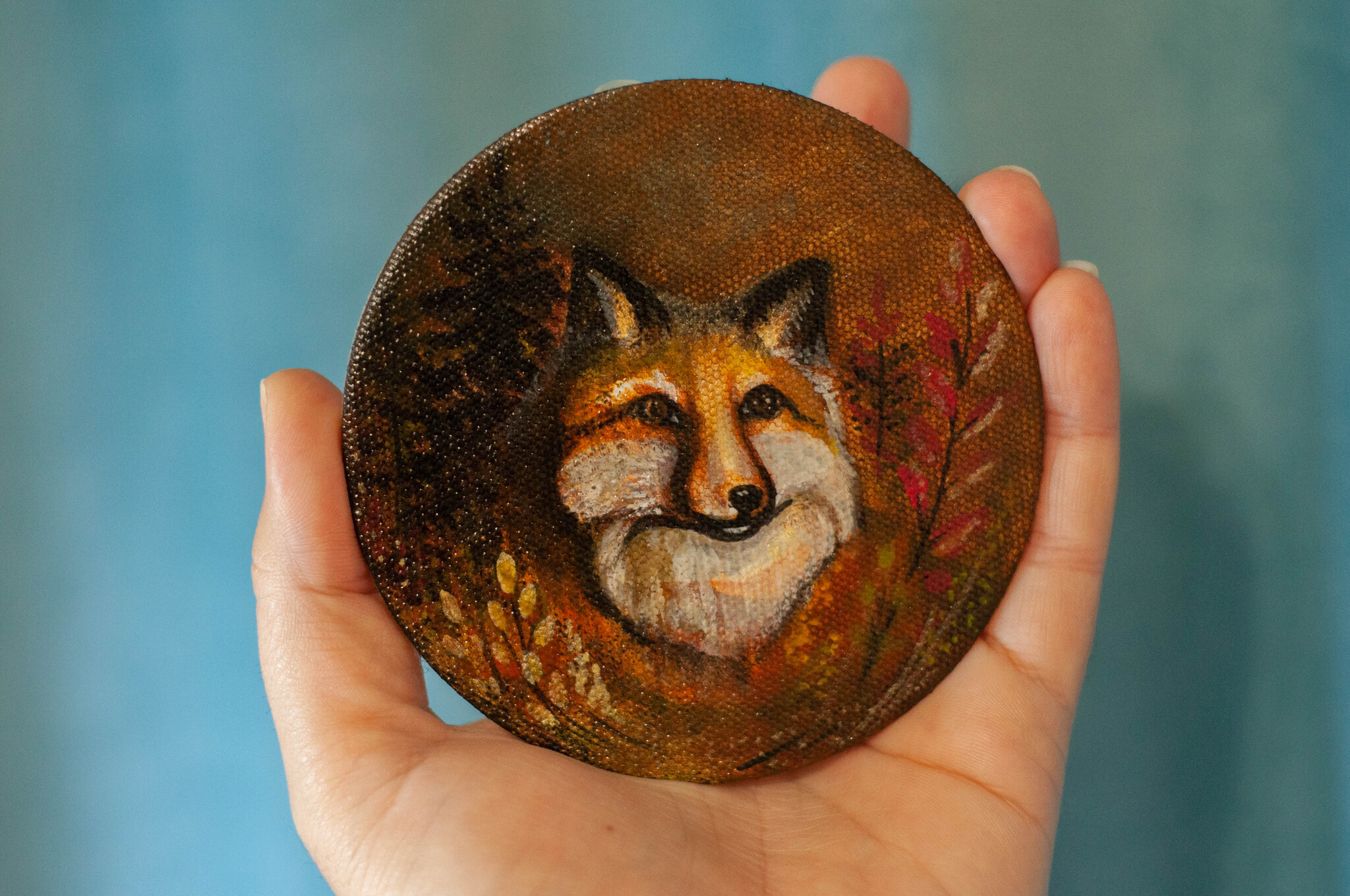 A lot of autumn in one fox miniature - My, Handmade, Decor, Magnets, Needlework without process, Fox, Domestic fox, Redheads, Painting, Painting, Miniature, Acrylic, Souvenirs, Autumn, Canvas, Animalistics, Longpost