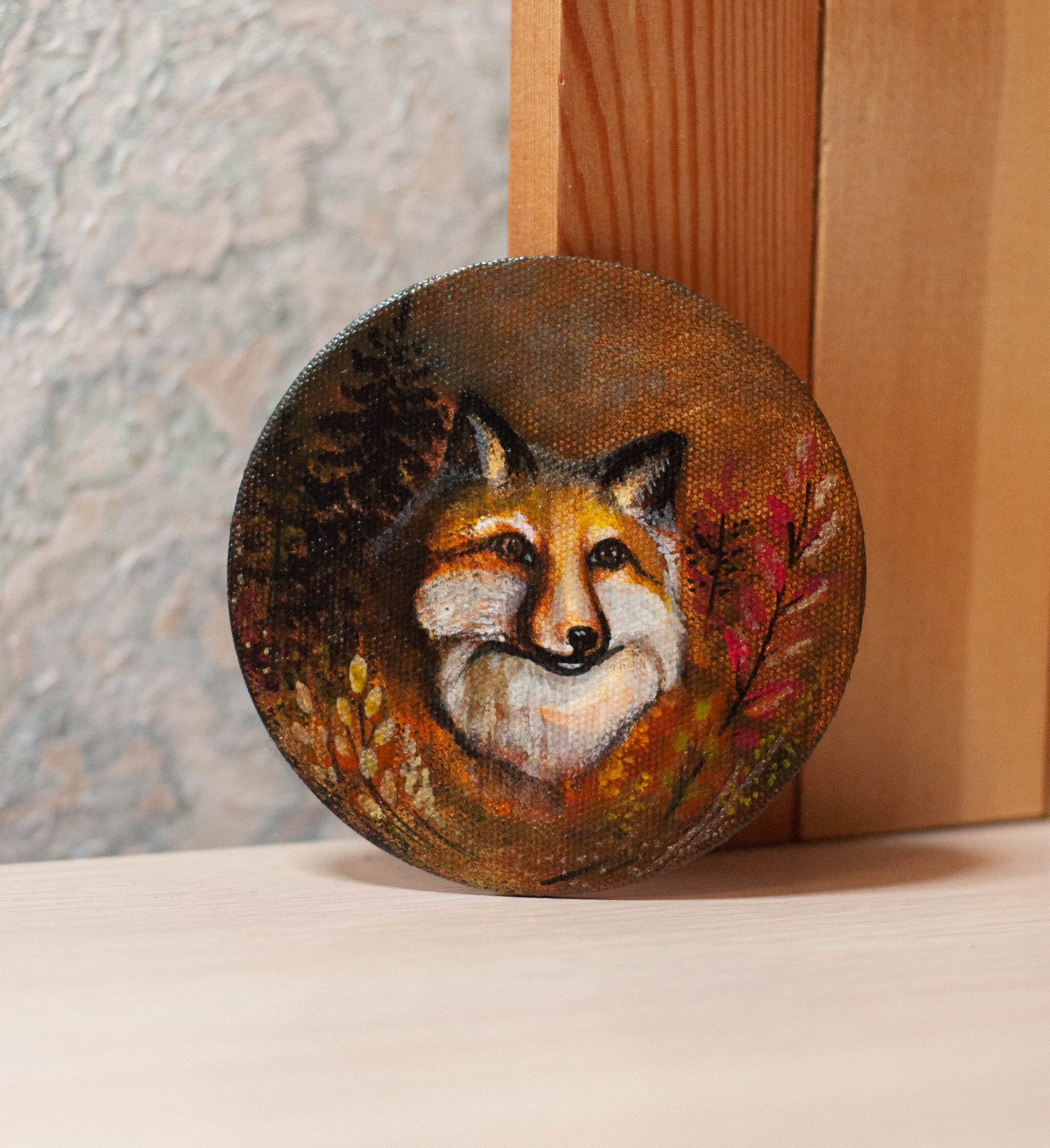 A lot of autumn in one fox miniature - My, Handmade, Decor, Magnets, Needlework without process, Fox, Domestic fox, Redheads, Painting, Painting, Miniature, Acrylic, Souvenirs, Autumn, Canvas, Animalistics, Longpost