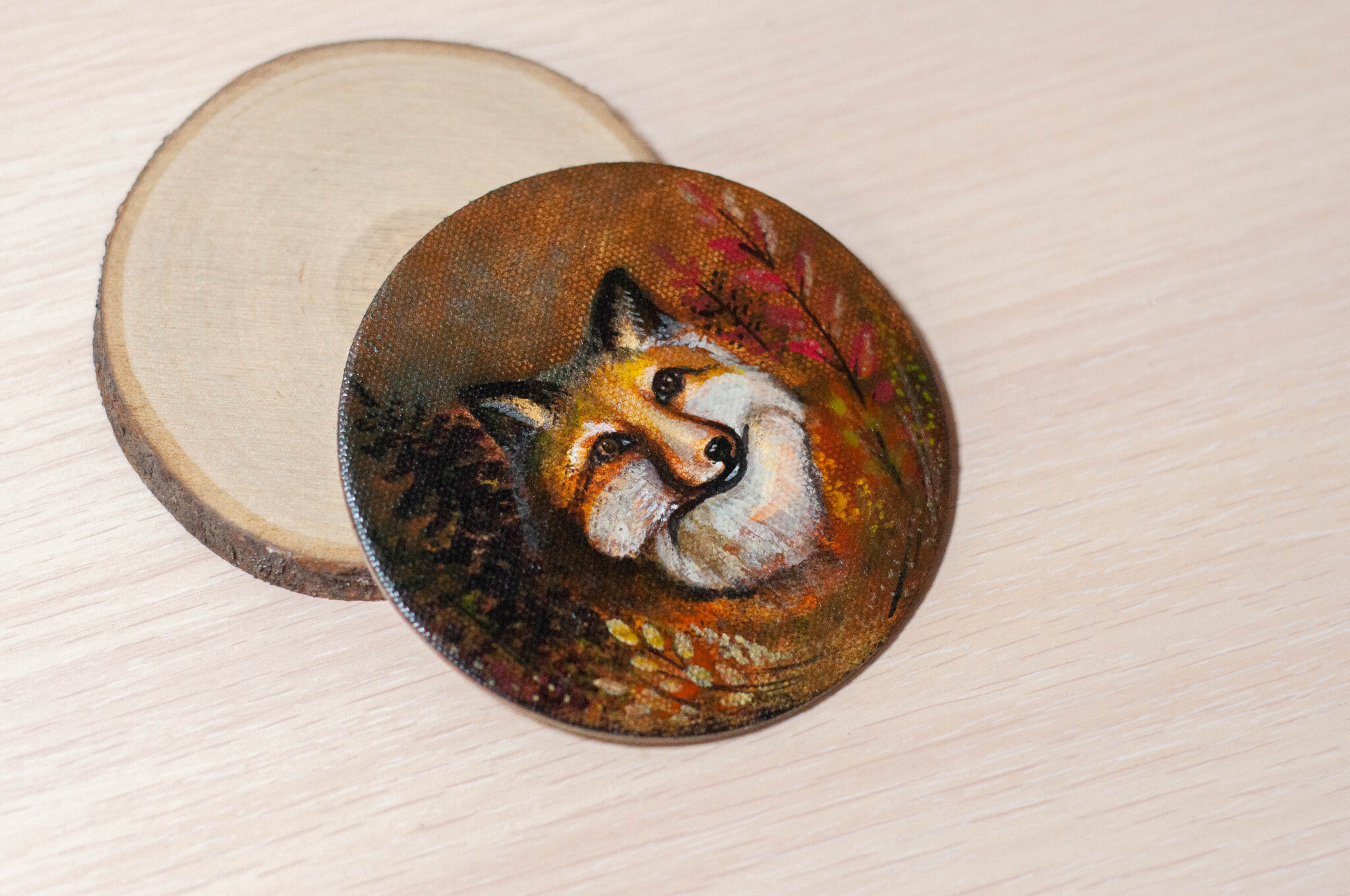 A lot of autumn in one fox miniature - My, Handmade, Decor, Magnets, Needlework without process, Fox, Domestic fox, Redheads, Painting, Painting, Miniature, Acrylic, Souvenirs, Autumn, Canvas, Animalistics, Longpost