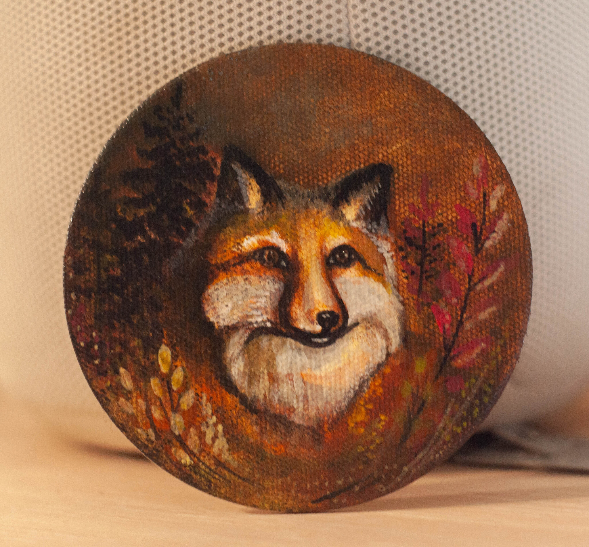 A lot of autumn in one fox miniature - My, Handmade, Decor, Magnets, Needlework without process, Fox, Domestic fox, Redheads, Painting, Painting, Miniature, Acrylic, Souvenirs, Autumn, Canvas, Animalistics, Longpost