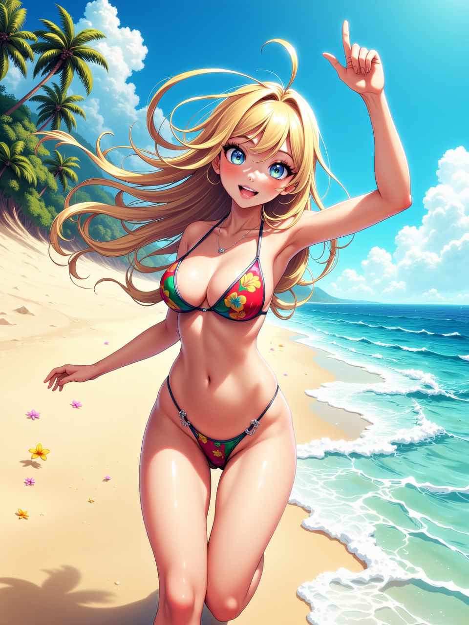 Neurotyanki #20 - My, Anime, Anime art, Neural network art, Flux, Original character, Нейронные сети, Stable diffusion, Swimsuit, Sea, Beach, Longpost