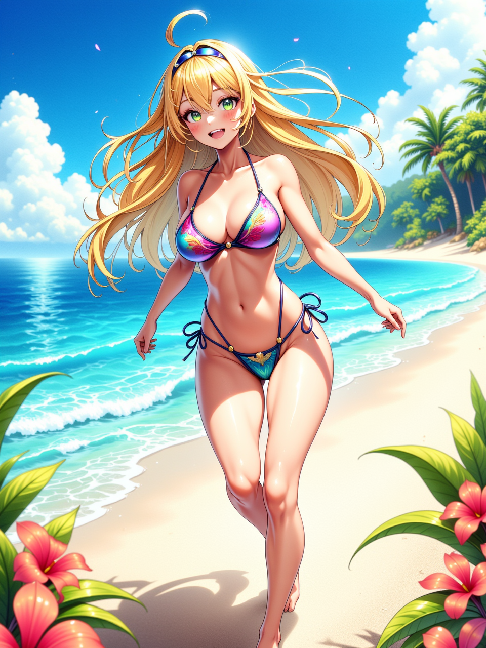 Neurotyanki #20 - My, Anime, Anime art, Neural network art, Flux, Original character, Нейронные сети, Stable diffusion, Swimsuit, Sea, Beach, Longpost