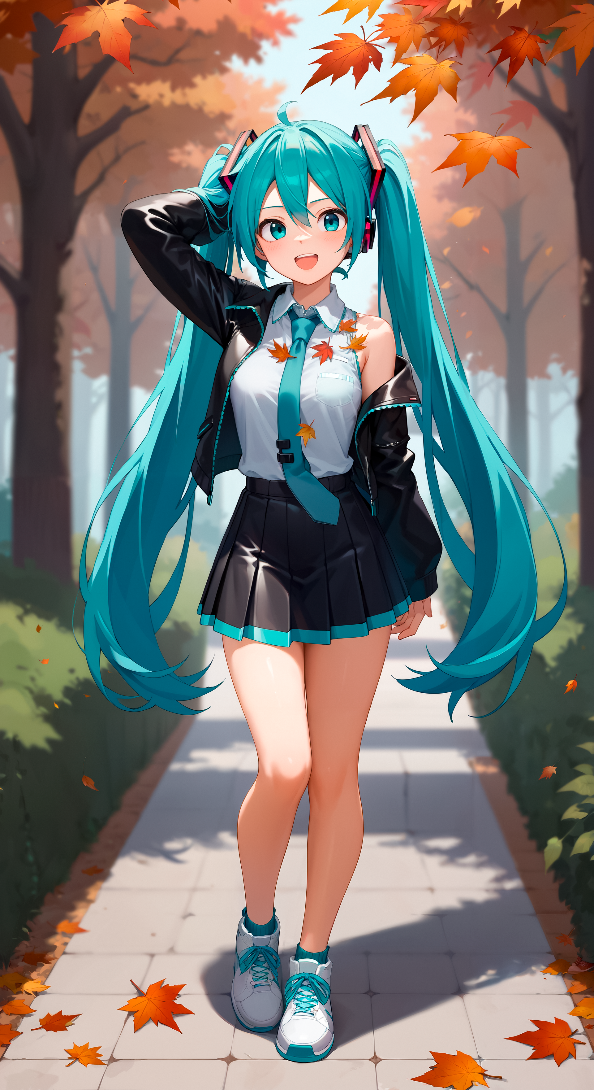 Friday Miku #5: Walking Under the Fallen Leaves - My, Hatsune Miku, Girls, Neural network art, Stable diffusion, Anime art, Phone wallpaper, Desktop wallpaper, Portrait, Autumn, In full growth, Leaf fall, Walk, Blue eyes, Colorful hair, Leather jacket, Skirt, Sneakers, A selection, Longpost