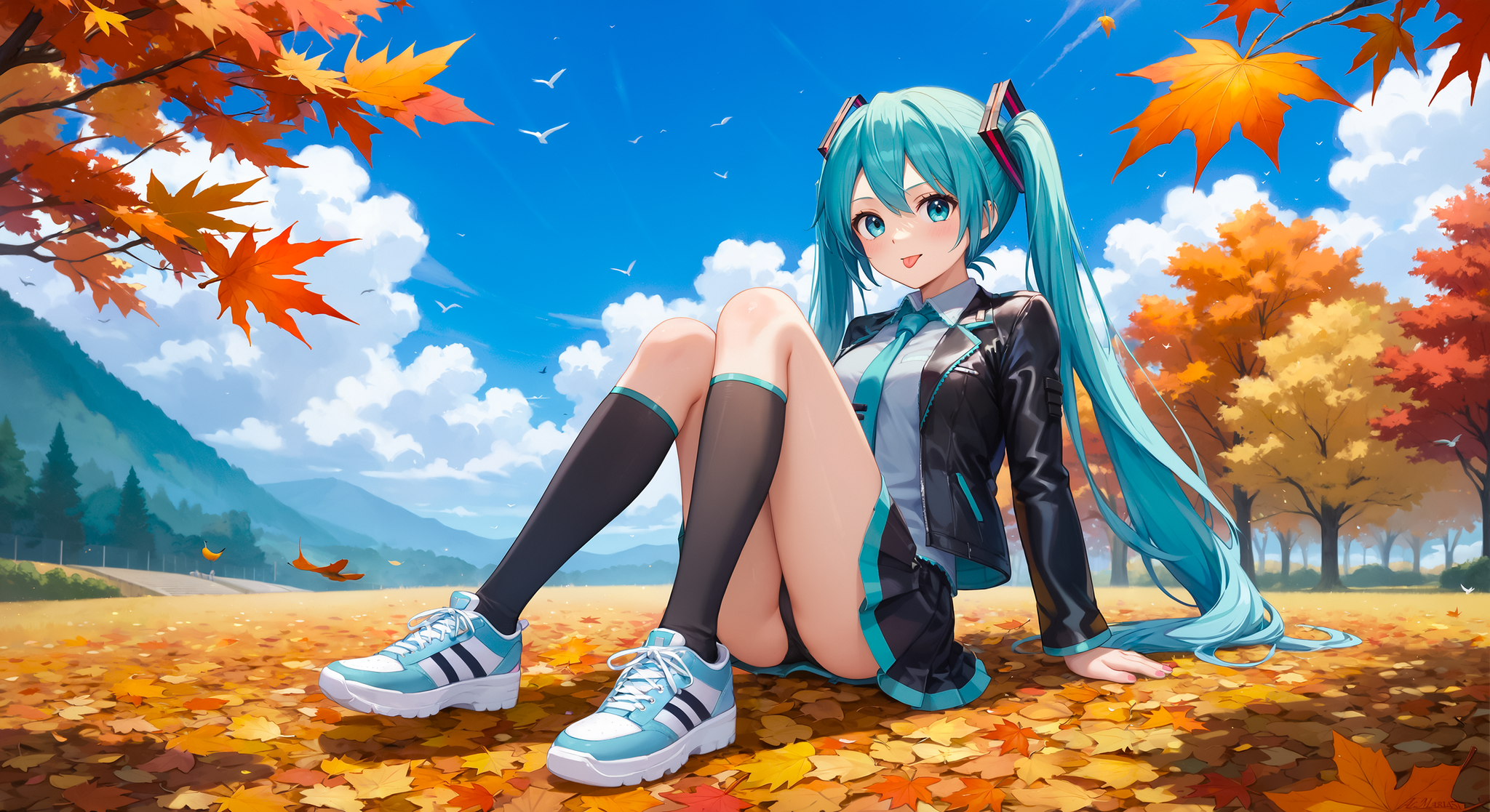 Friday Miku #5: Walking Under the Fallen Leaves - My, Hatsune Miku, Girls, Neural network art, Stable diffusion, Anime art, Phone wallpaper, Desktop wallpaper, Portrait, Autumn, In full growth, Leaf fall, Walk, Blue eyes, Colorful hair, Leather jacket, Skirt, Sneakers, A selection, Longpost