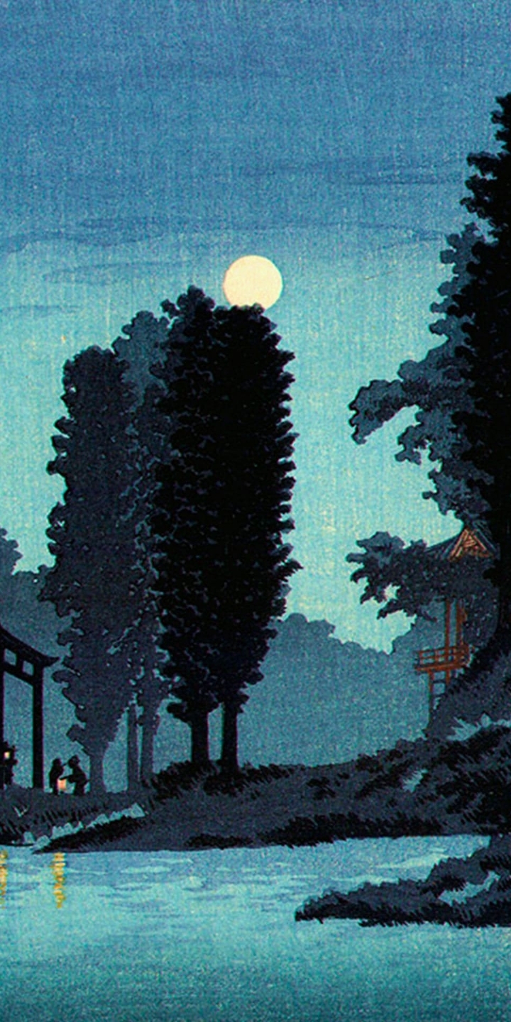 Takahashi Setei Moonrise at Tsukagoshi Myojin Temple - Ukiyo-e, Engraving, Japan