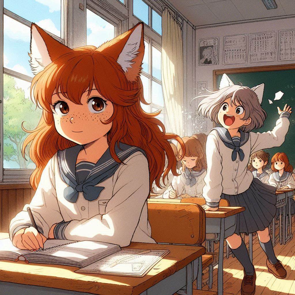 Как мы познакомились - Моё, Арты нейросетей, Арт, Anime Art, Девушки, Нейронные сети, Аниме, Original Character, Кицунэ, Animal Ears, Хвост, Детство, Воспоминания, Школа, Осень, Ginger & White, Длиннопост