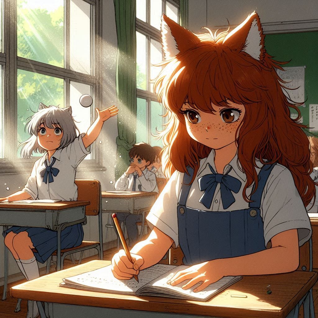 Как мы познакомились - Моё, Арты нейросетей, Арт, Anime Art, Девушки, Нейронные сети, Аниме, Original Character, Кицунэ, Animal Ears, Хвост, Детство, Воспоминания, Школа, Осень, Ginger & White, Длиннопост