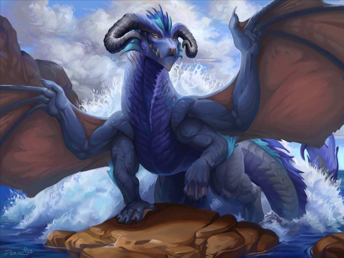 Posing on the beach - Art, The Dragon, Sea, The rocks, Wave, Posing, Digital drawing, Wings, Clouds, Deriaz