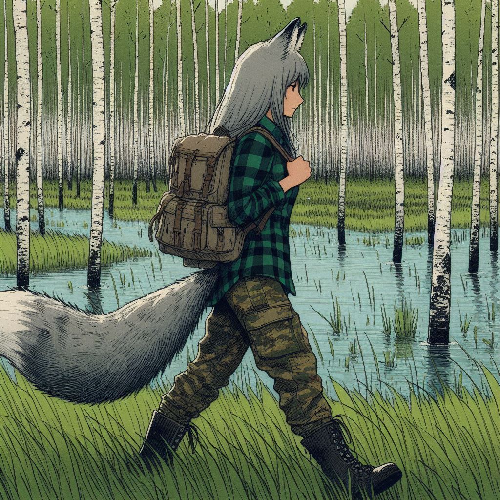 Helga and the saboteurs - My, Neural network art, Нейронные сети, Art, Anime art, Girls, Anime, Original character, Animal ears, Tail, Wolf, Kitsune, Forest, Beavers, Ginger & White, Longpost