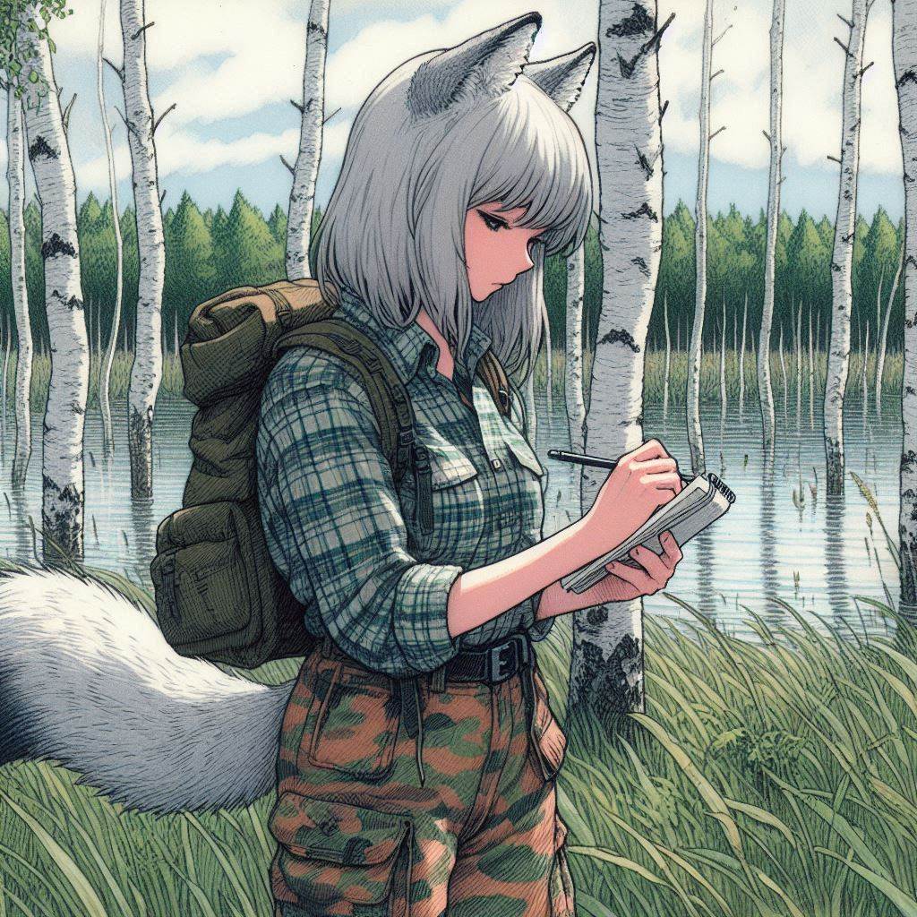 Helga and the saboteurs - My, Neural network art, Нейронные сети, Art, Anime art, Girls, Anime, Original character, Animal ears, Tail, Wolf, Kitsune, Forest, Beavers, Ginger & White, Longpost