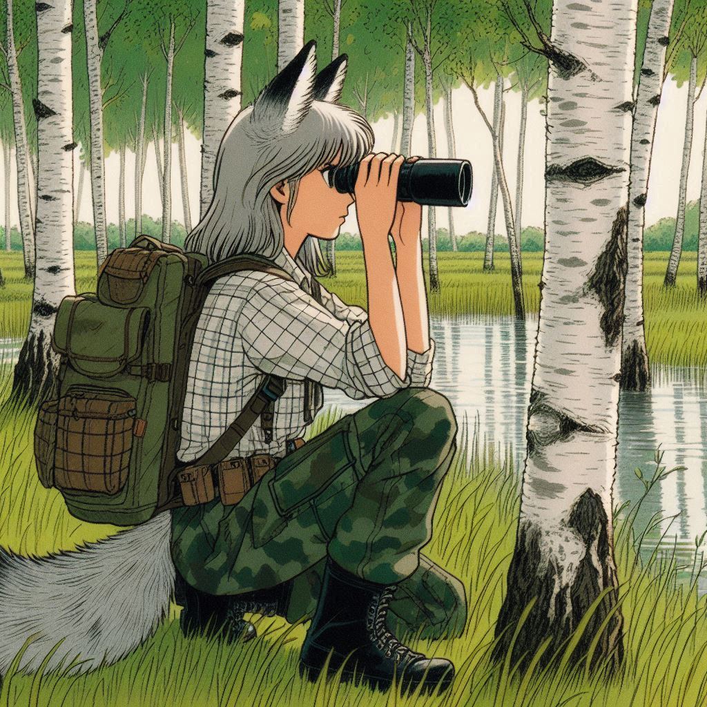 Helga and the saboteurs - My, Neural network art, Нейронные сети, Art, Anime art, Girls, Anime, Original character, Animal ears, Tail, Wolf, Kitsune, Forest, Beavers, Ginger & White, Longpost