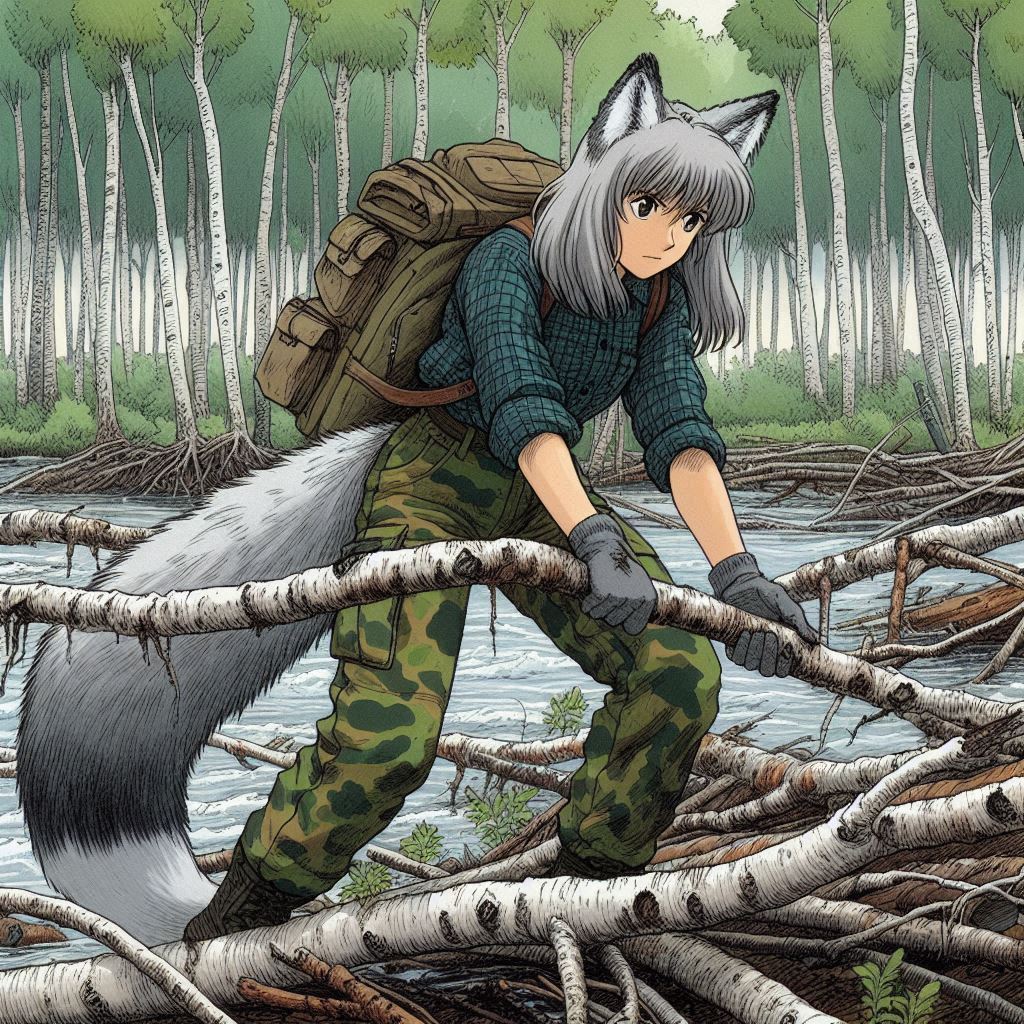 Helga and the saboteurs - My, Neural network art, Нейронные сети, Art, Anime art, Girls, Anime, Original character, Animal ears, Tail, Wolf, Kitsune, Forest, Beavers, Ginger & White, Longpost