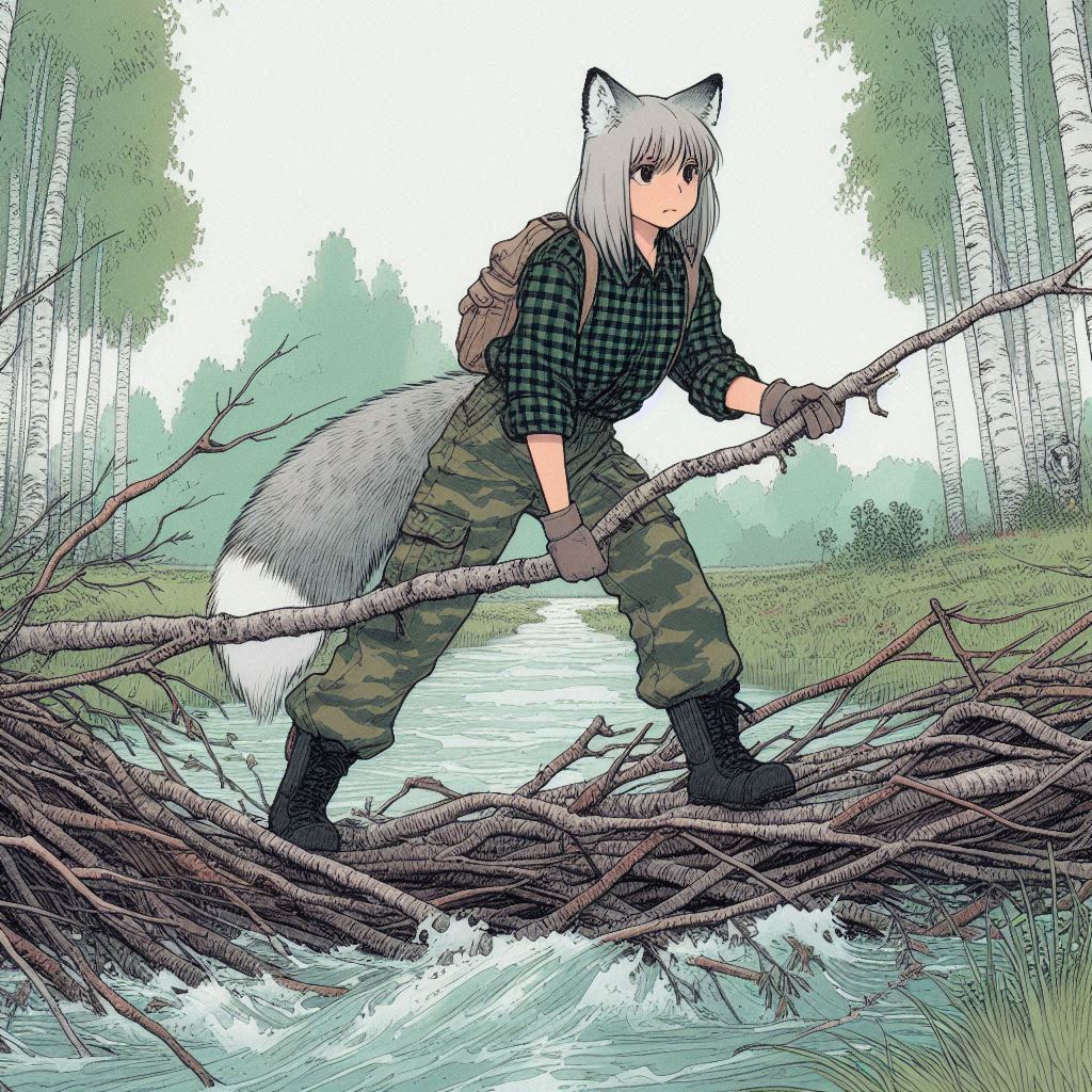 Helga and the saboteurs - My, Neural network art, Нейронные сети, Art, Anime art, Girls, Anime, Original character, Animal ears, Tail, Wolf, Kitsune, Forest, Beavers, Ginger & White, Longpost