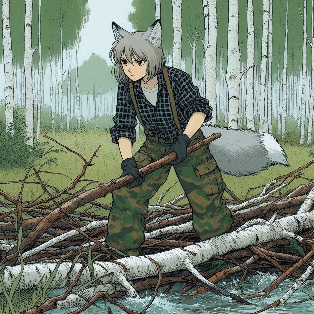 Helga and the saboteurs - My, Neural network art, Нейронные сети, Art, Anime art, Girls, Anime, Original character, Animal ears, Tail, Wolf, Kitsune, Forest, Beavers, Ginger & White, Longpost