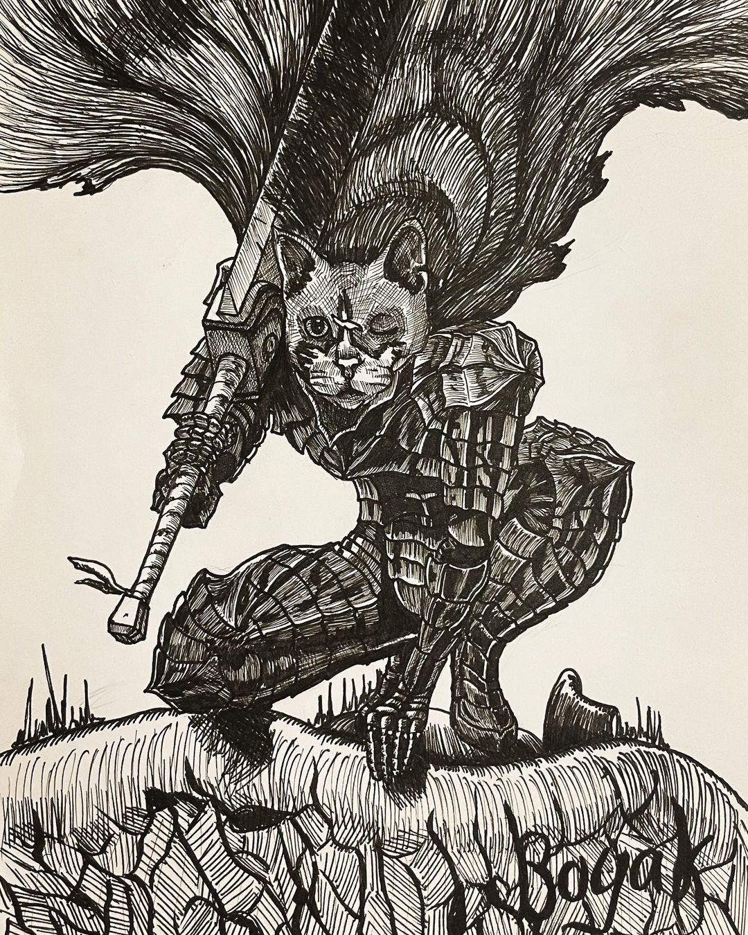 Hi, this is Cuts. - My, Berserk, Guts, Anime, Anime art, Manga, Drawing, Tattoo, cat, Pen drawing