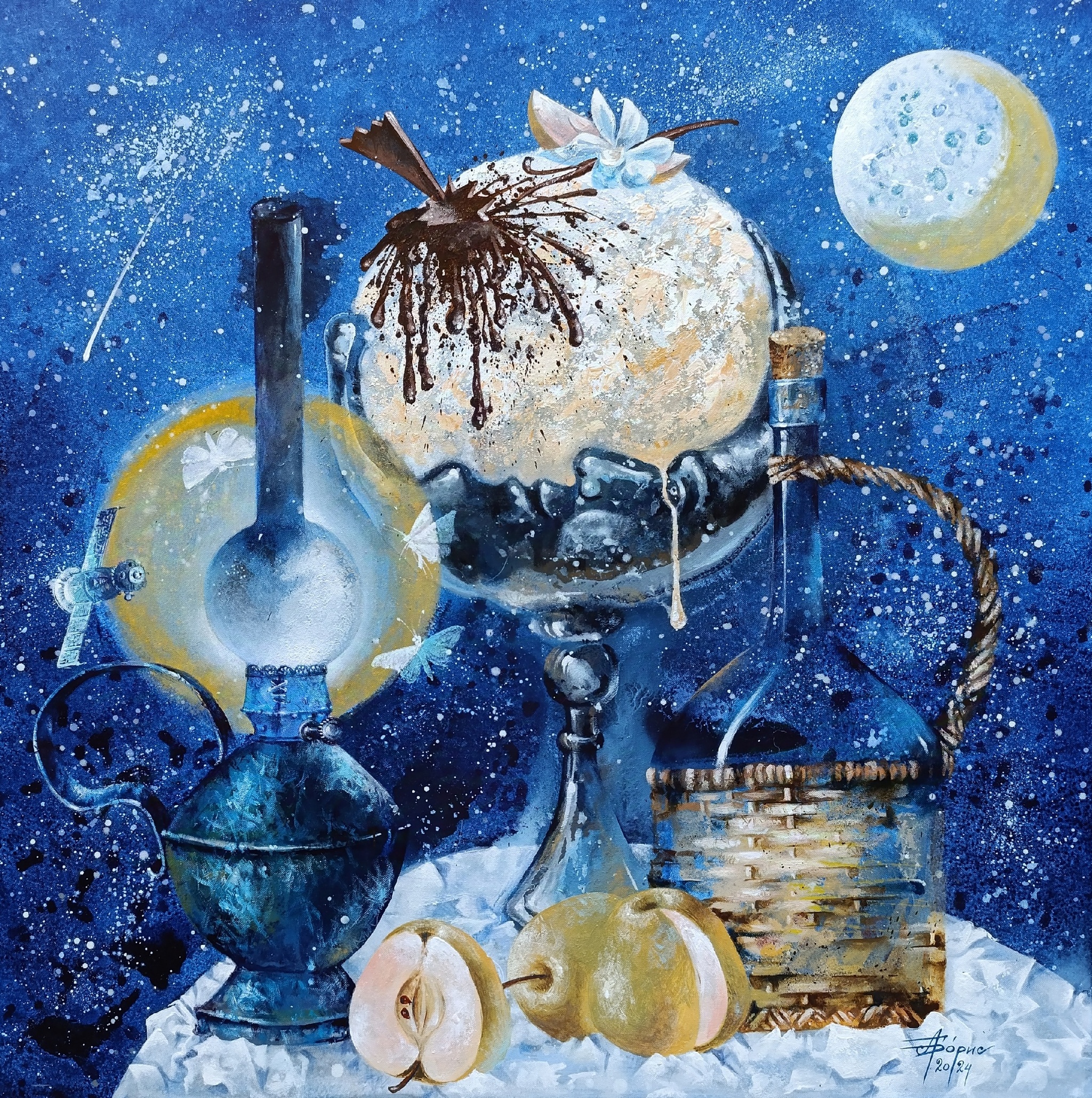 Cold Tear - My, Painting, Modern Art, Art, Author's painting, Still life, Canvas, Tempera, moon, Month, Satellites, Ice cream, Night, Stars, Apples, Wine