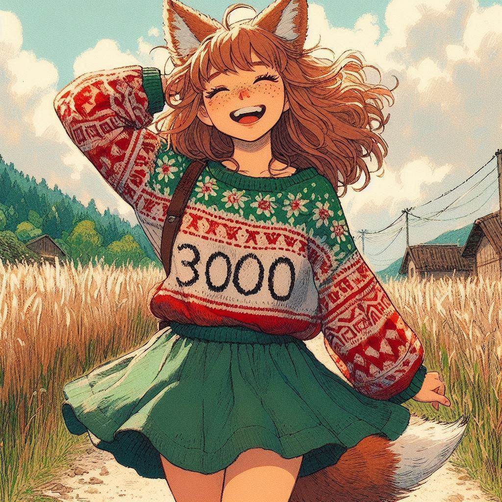 3000 subscribers! - My, Art, Neural network art, Нейронные сети, Girls, Anime art, Anime, Original character, Kitsune, Animal ears, Tail, Ginger & White, Longpost