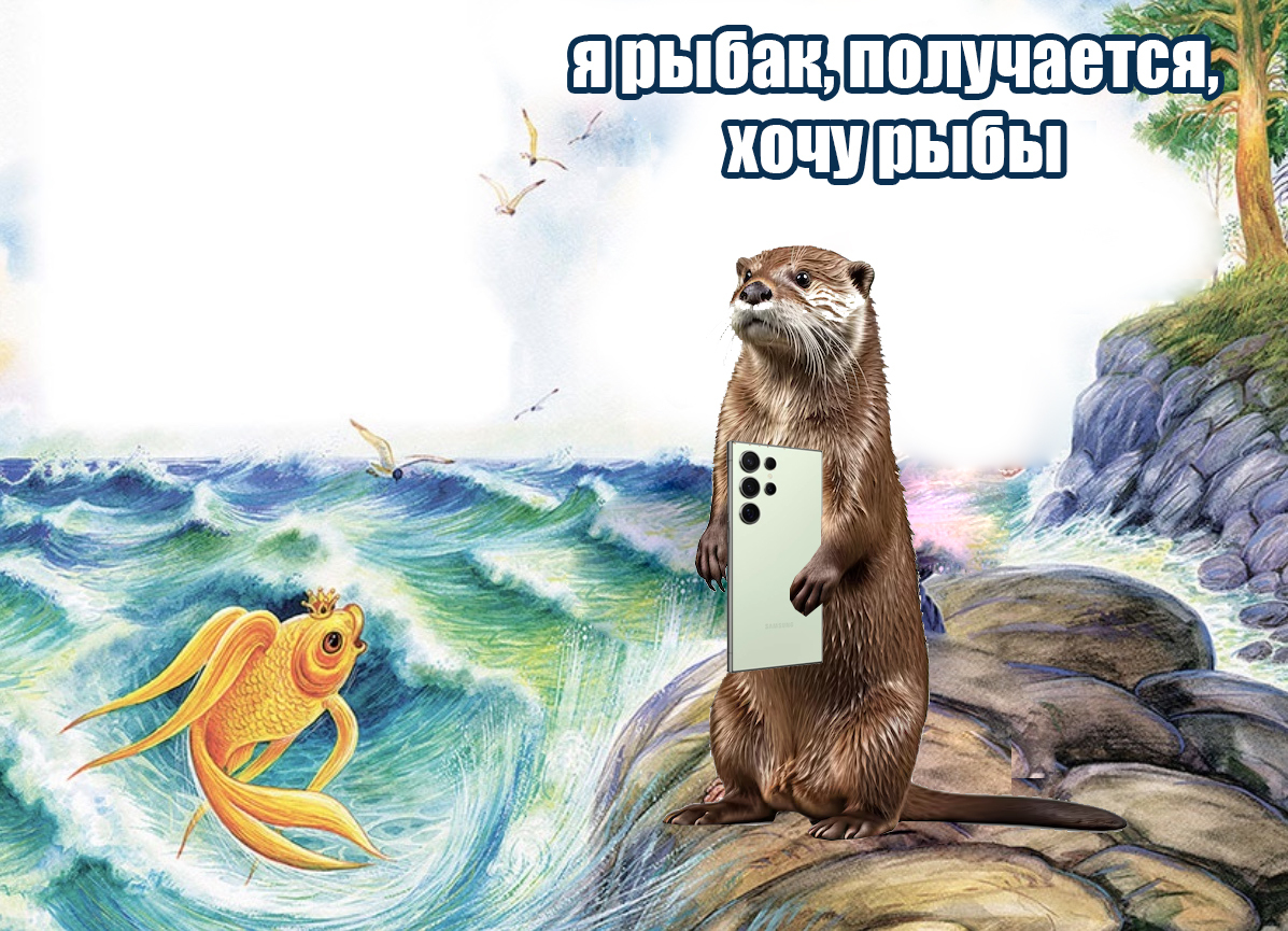 The Tale of the Fisherman and the Fish - My, Otter, Oriental Beskeet Otter, Memes, Picture with text, Animals, Comics, Story, Gold fish, Promo code, Wish, Fulfillment of desires, Alexander Sergeevich Pushkin, A fish, Fishing, Discounts, Longpost