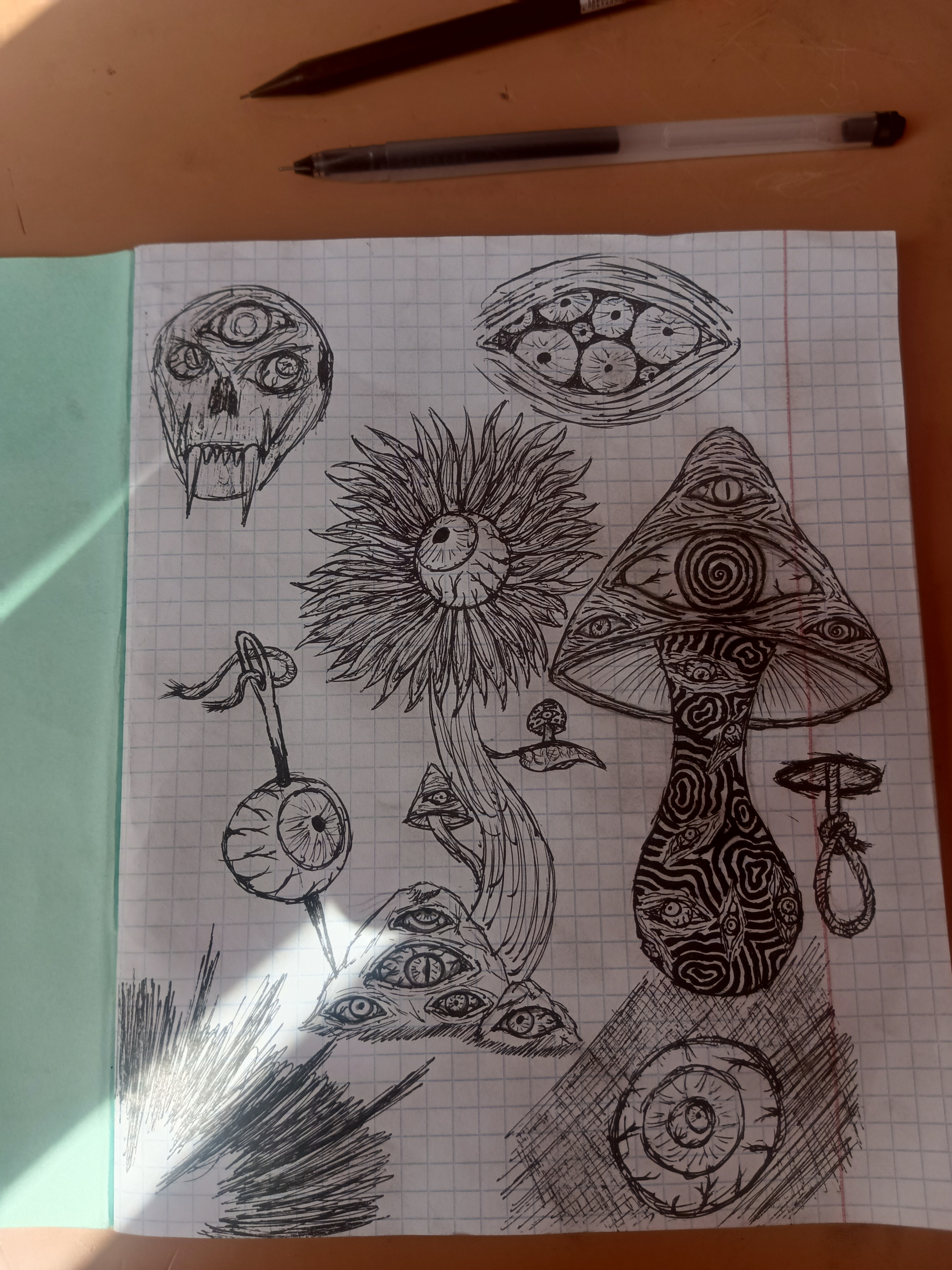 I didn't come up with a name, just some sketches. - My, Sketch, Drawing, Pen drawing, Psychedelic, Mushrooms, Eyes, Flowers