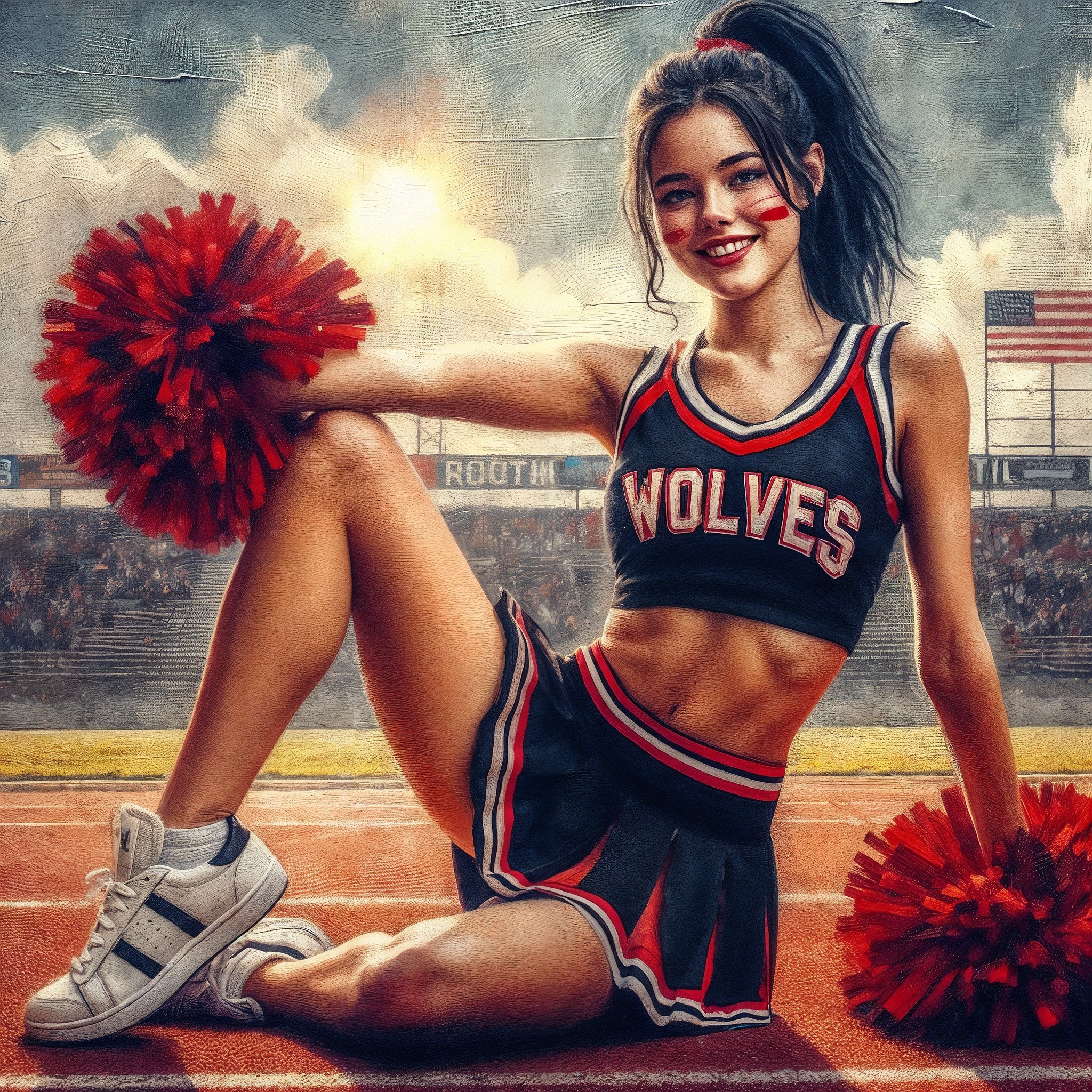 Cheerleader - Арты нейросетей, Иллюстрации, Арт, Lady, Dall-e, Чирлидинг, Школа, Обои на телефон, Обои на рабочий стол, Персонажи, Game Art, Длиннопост