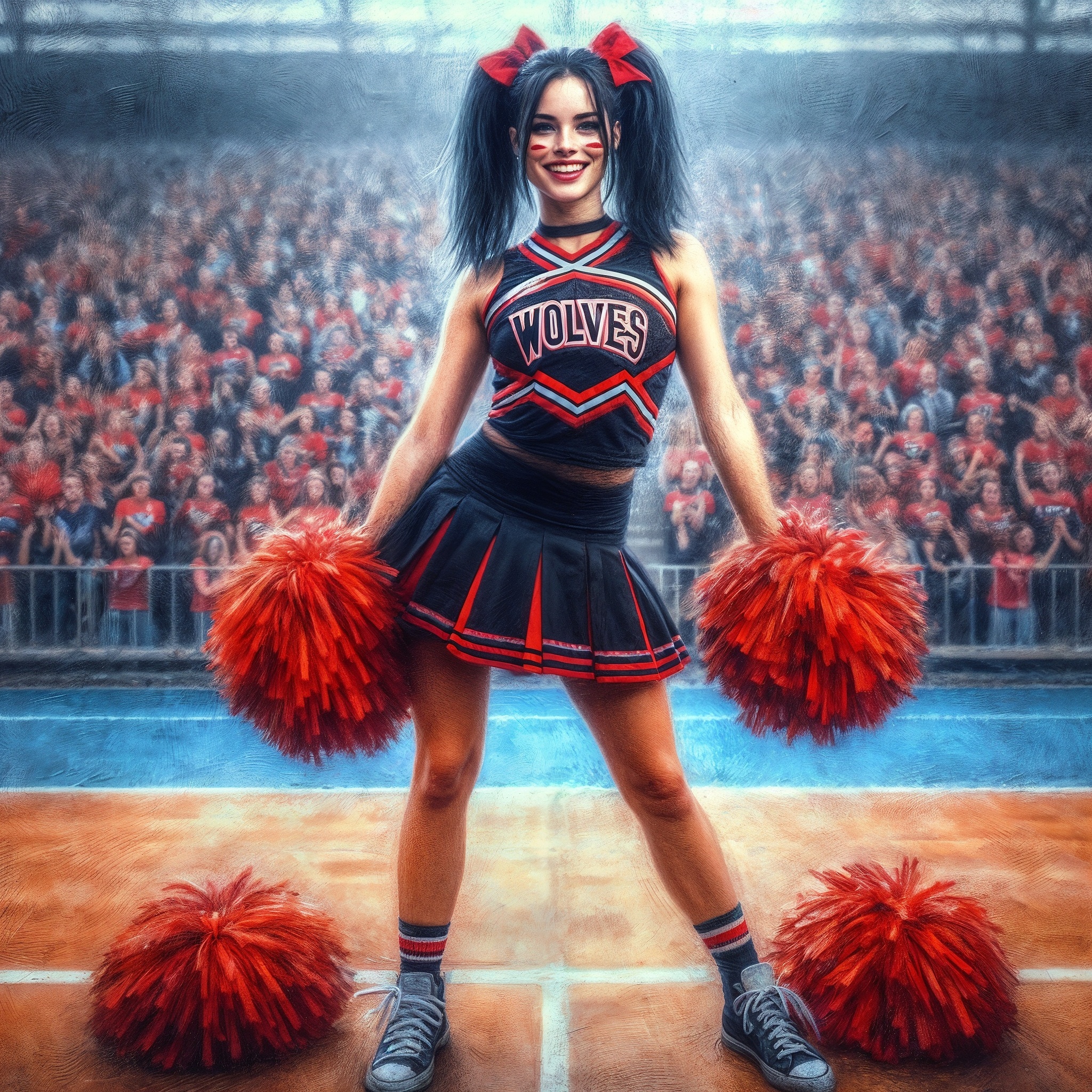 Cheerleader - Арты нейросетей, Иллюстрации, Арт, Lady, Dall-e, Чирлидинг, Школа, Обои на телефон, Обои на рабочий стол, Персонажи, Game Art, Длиннопост